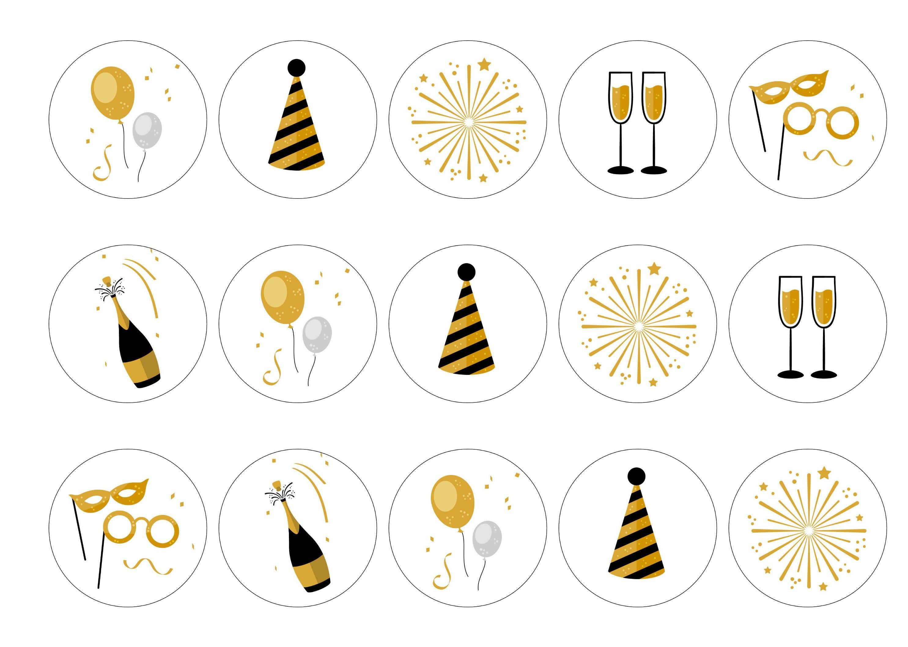 15 printed cupcake toppers with a new year design