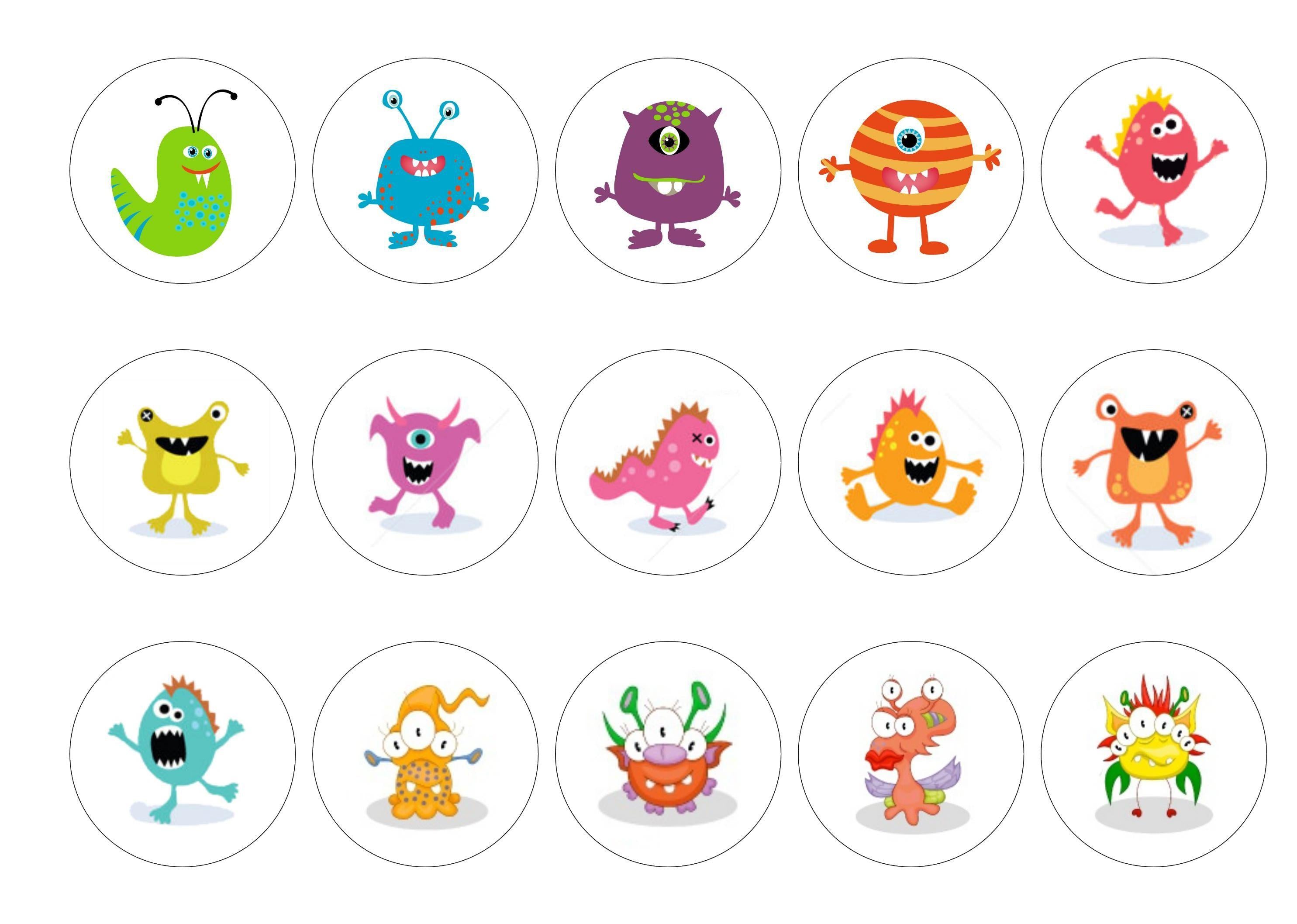 Printed edible cupcake toppers with party monsters