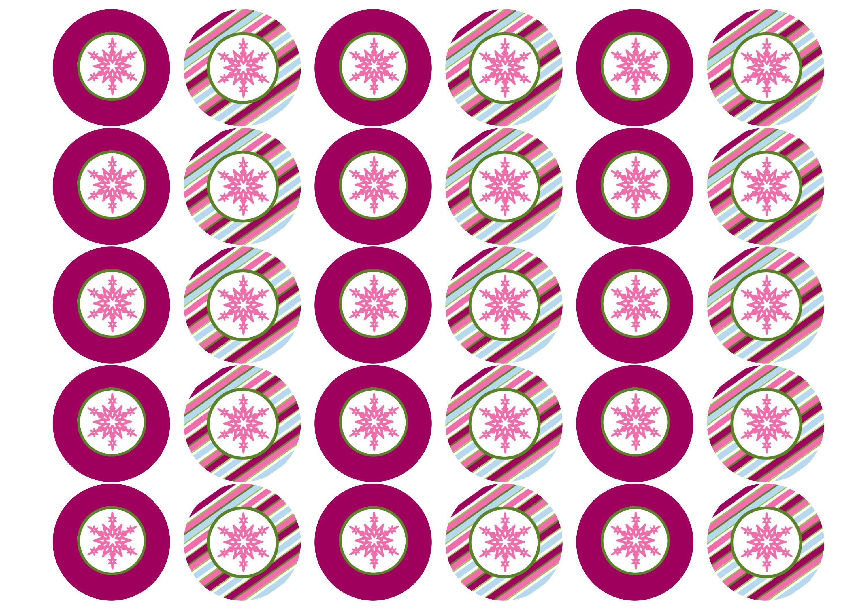 Printed Christmas cupcake toppers and cake toppers with pink snowflake images printed on rice paper or icing