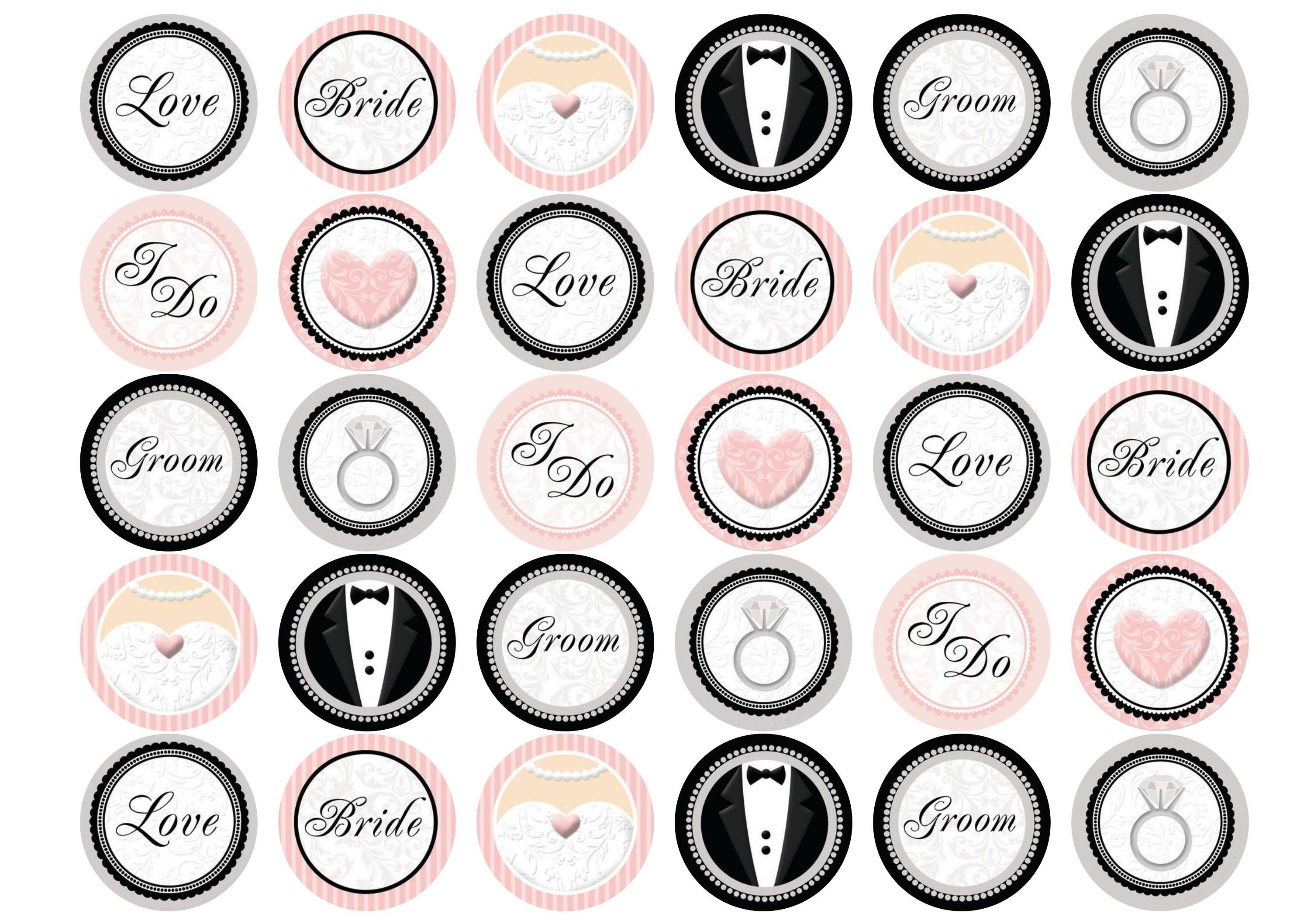 30 edible cupcake toppers with a pink and black wedding design
