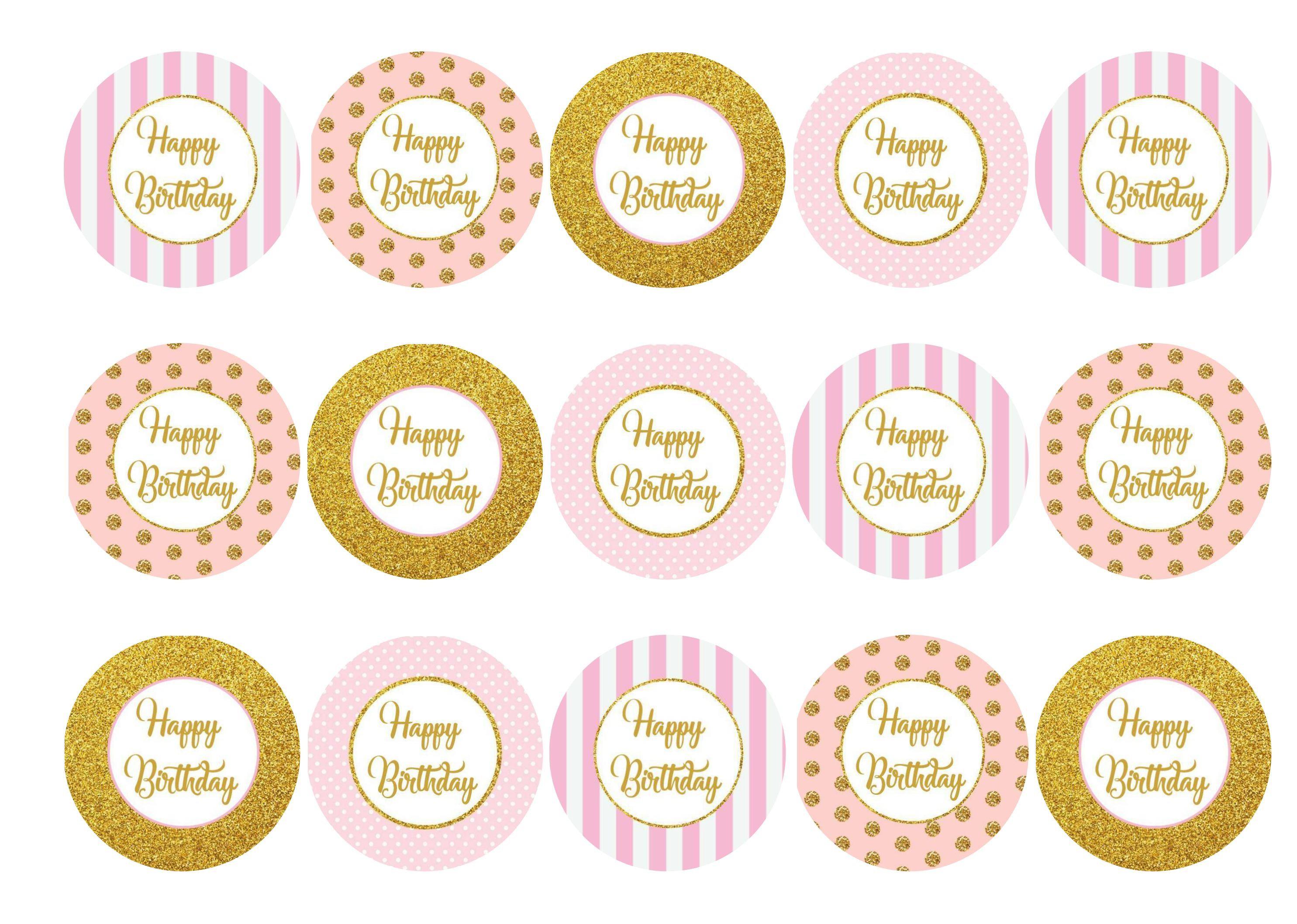 Edible pink and gold Happy Birthday cupcake toppers