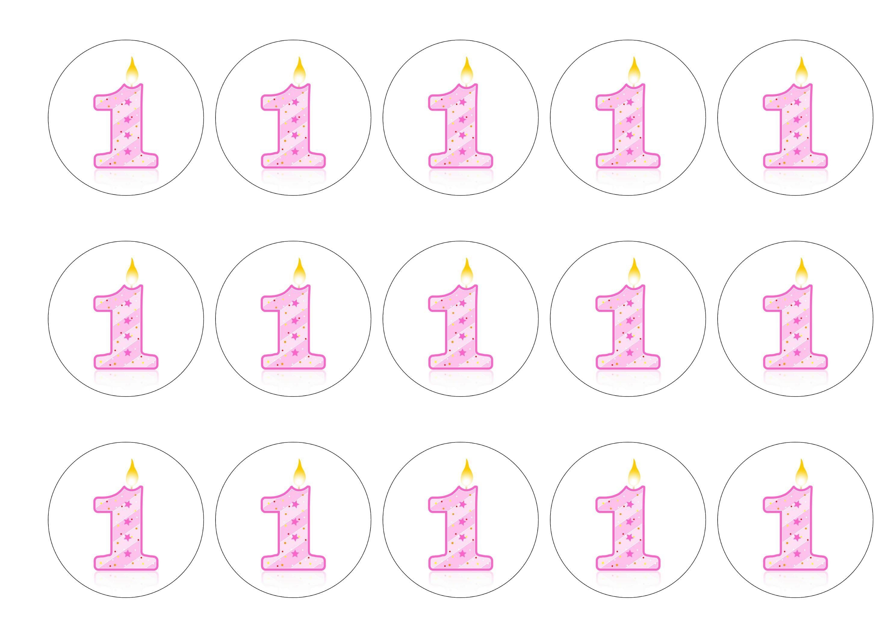Printed cupcake toppers with a pink number one candle image