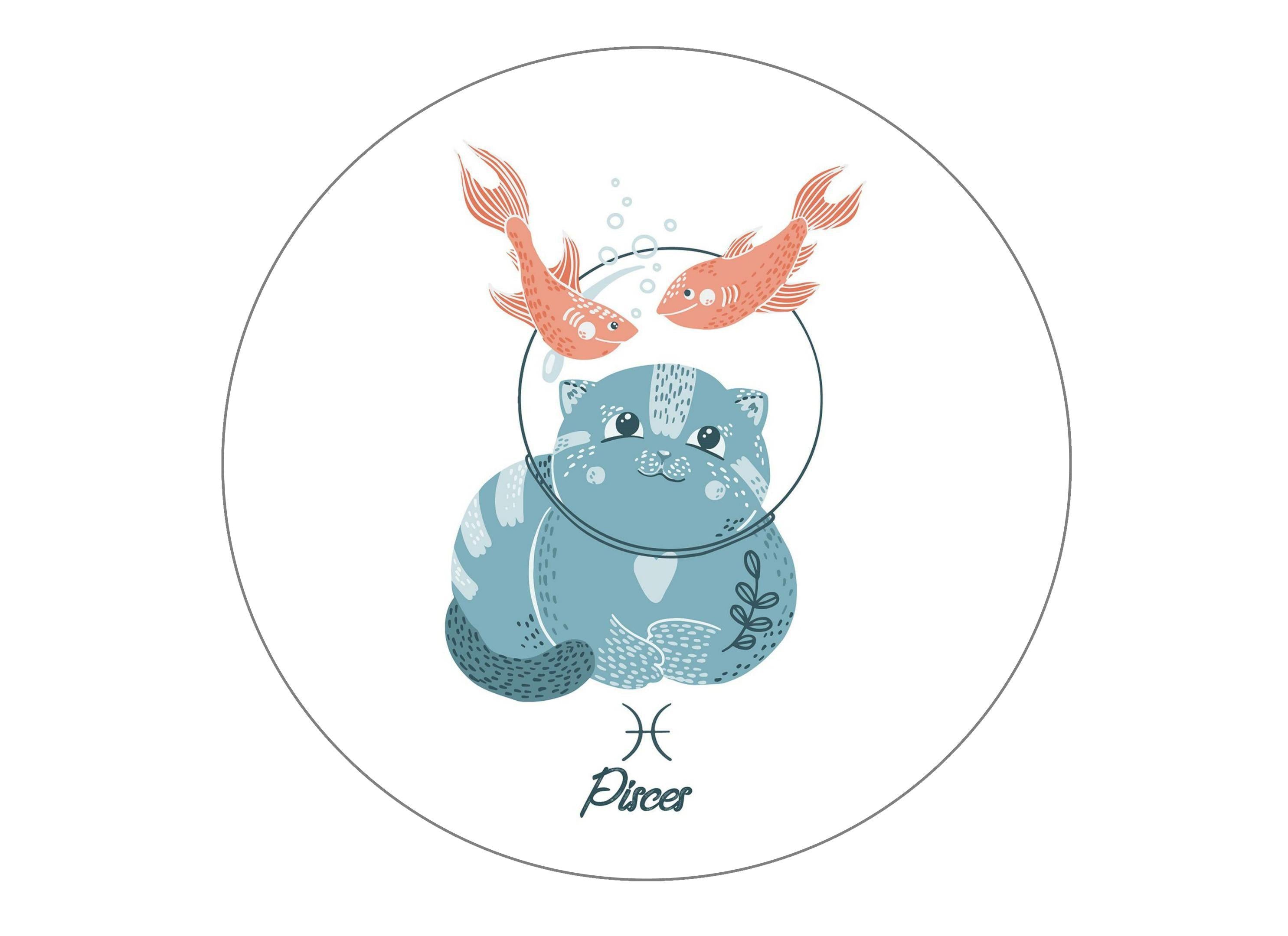 Large printed cake topper with cute cats symbolising Pisces the Fish Star Sign
