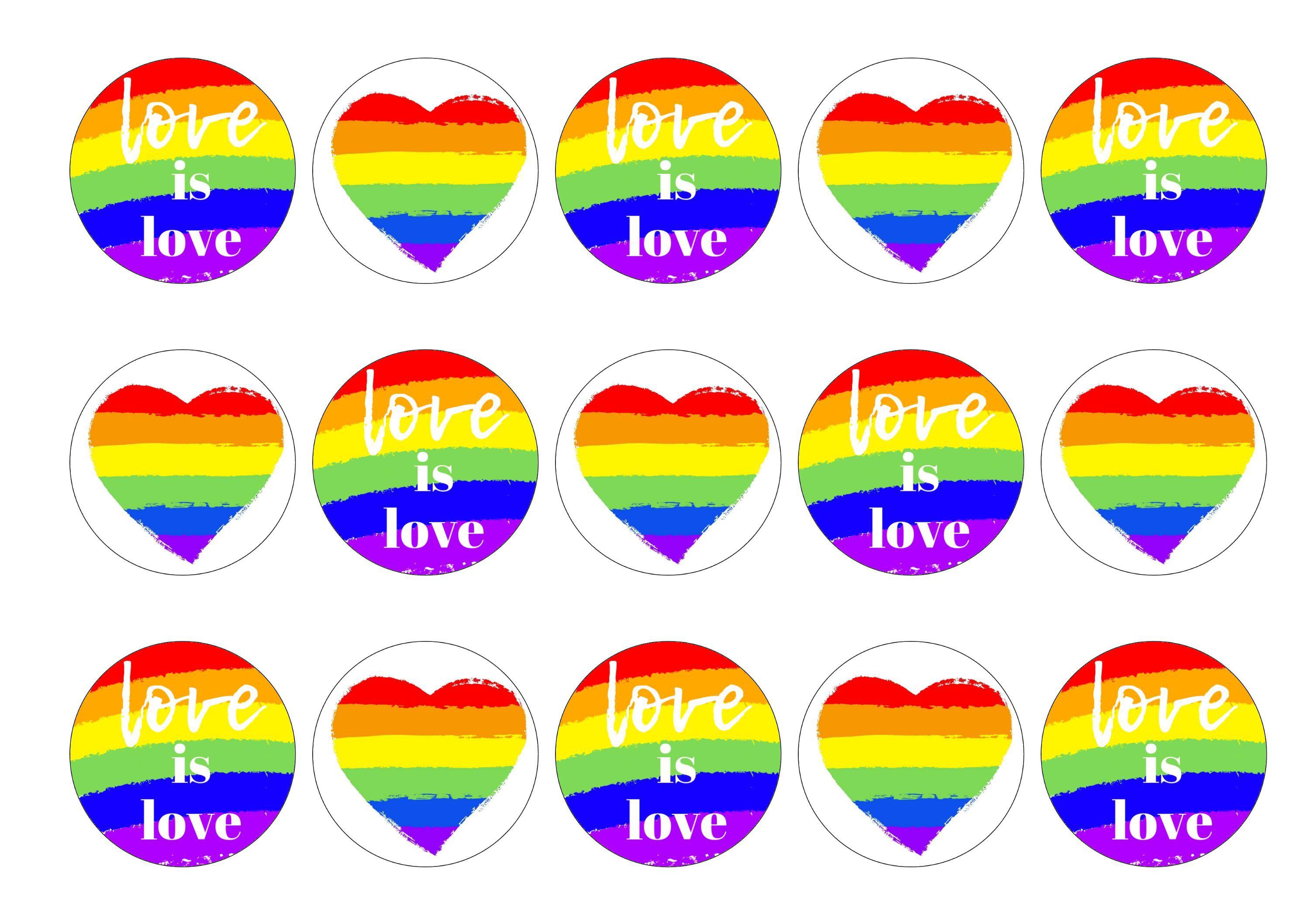 15 printed cupcake toppers with a love is love theme for LGBT Pride