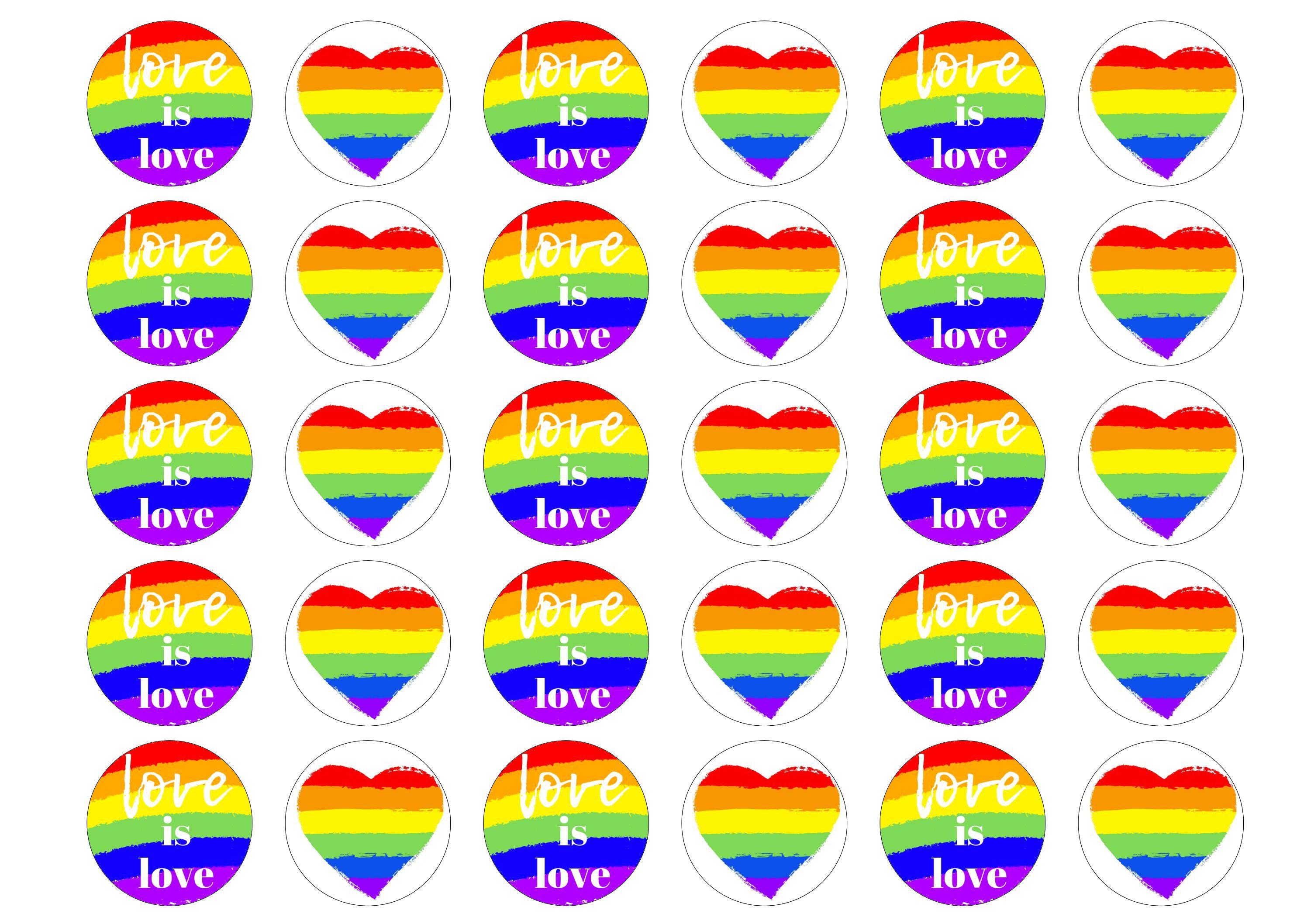 30 edible cupcake toppers with a love is love theme for LGBT Pride