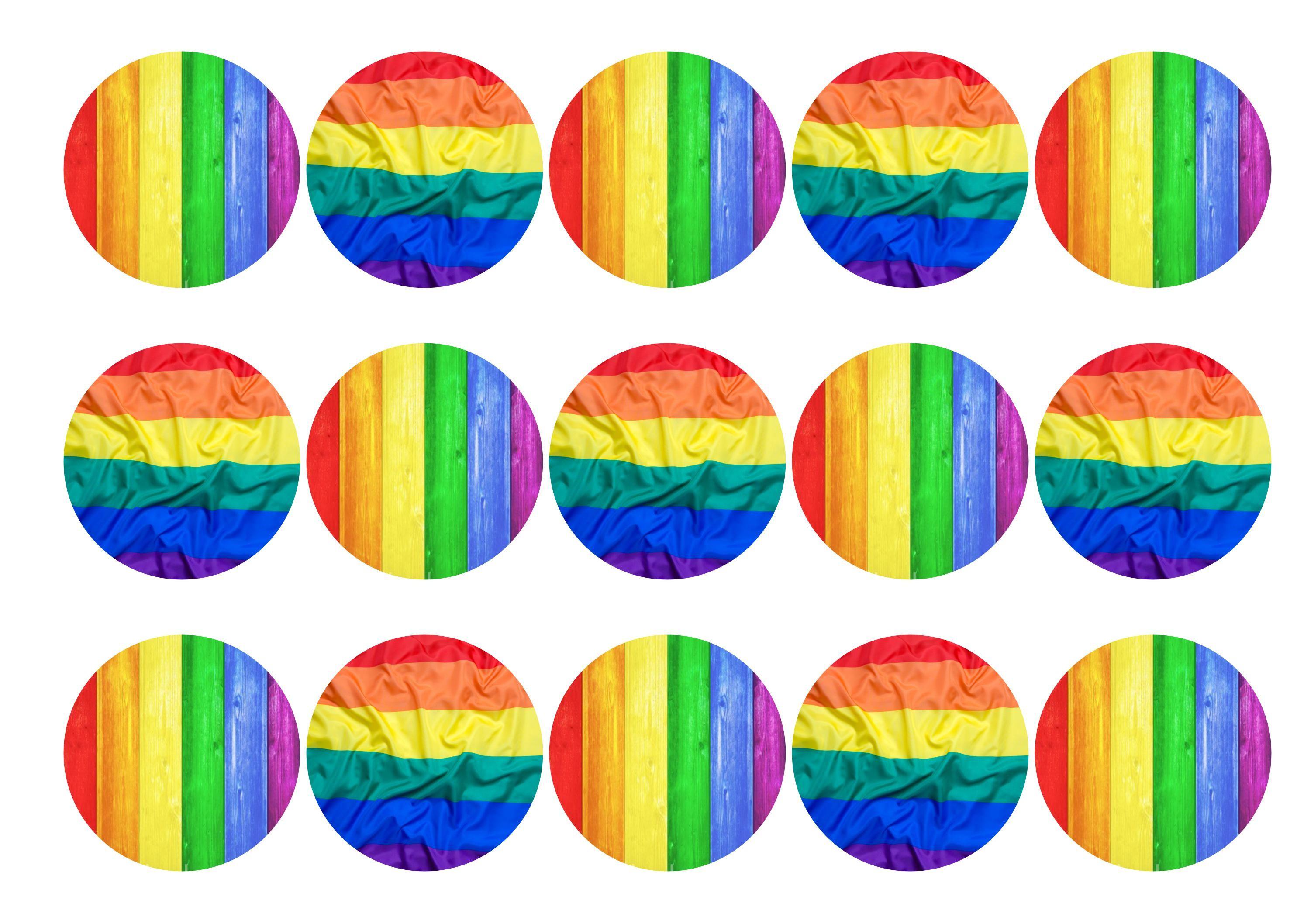 15 printed cupcake toppers with images of the Pride Rainbow