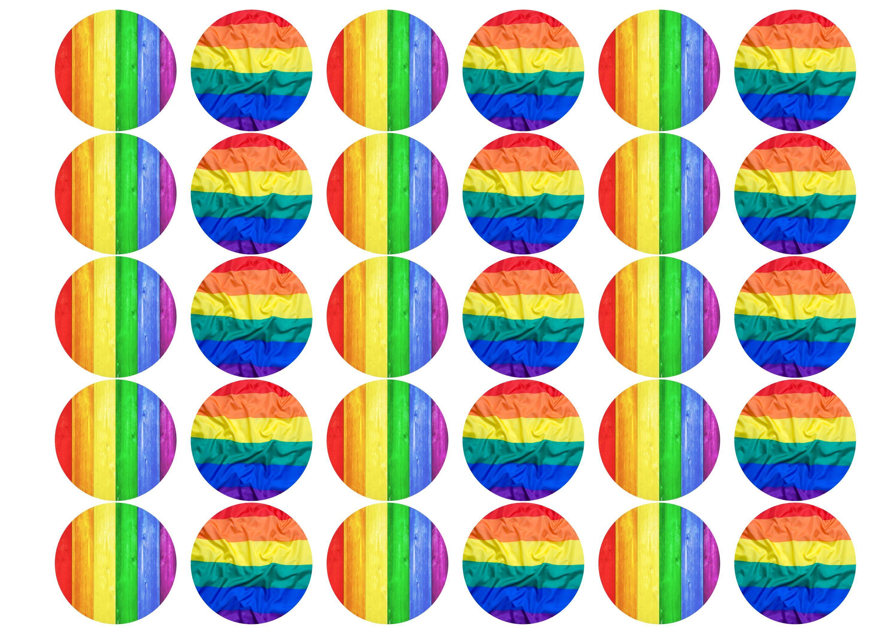 30 edible cupcake toppers with images of the Pride Rainbow