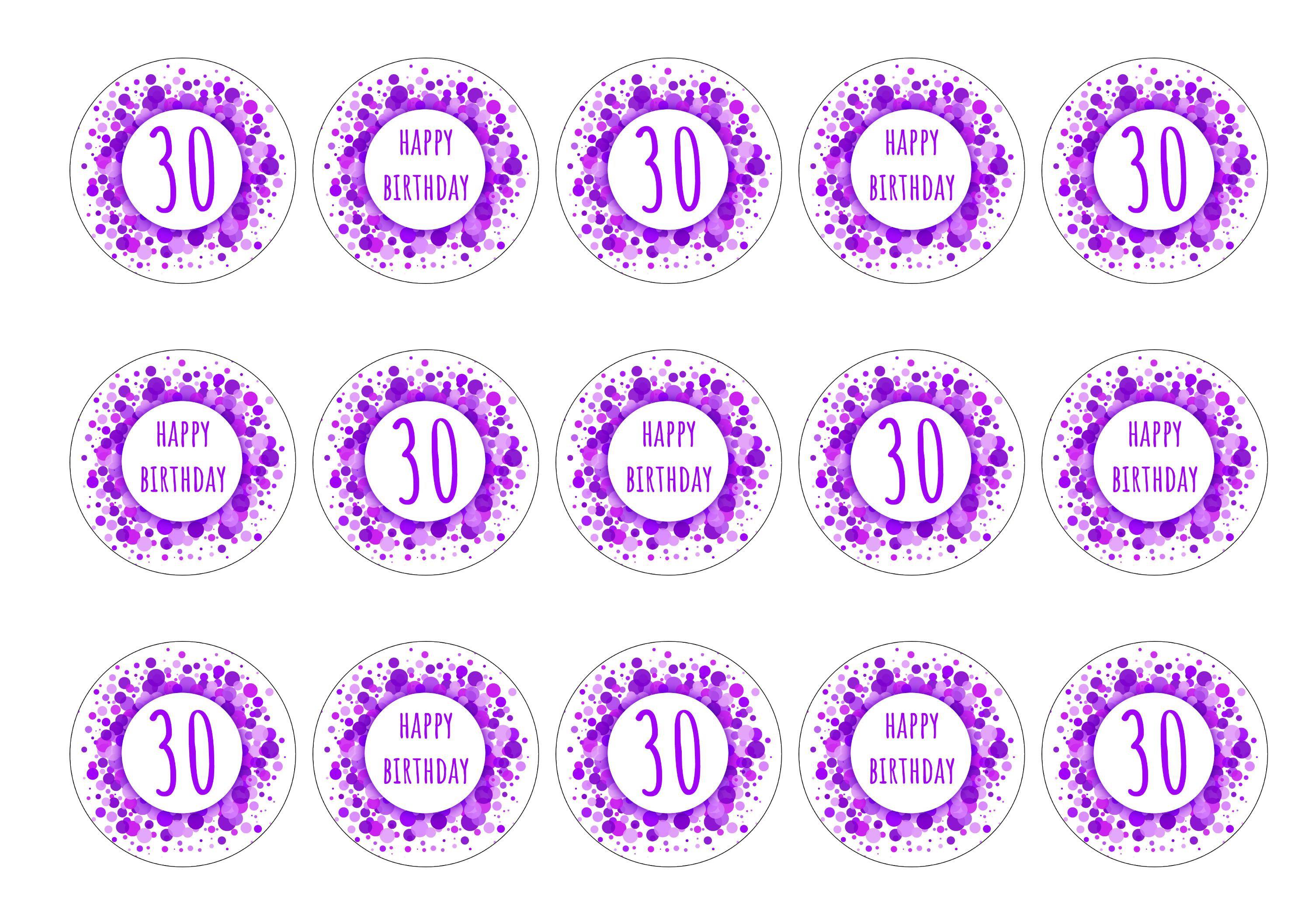 15 printed toppers in shades of purple for a 30th birthday party