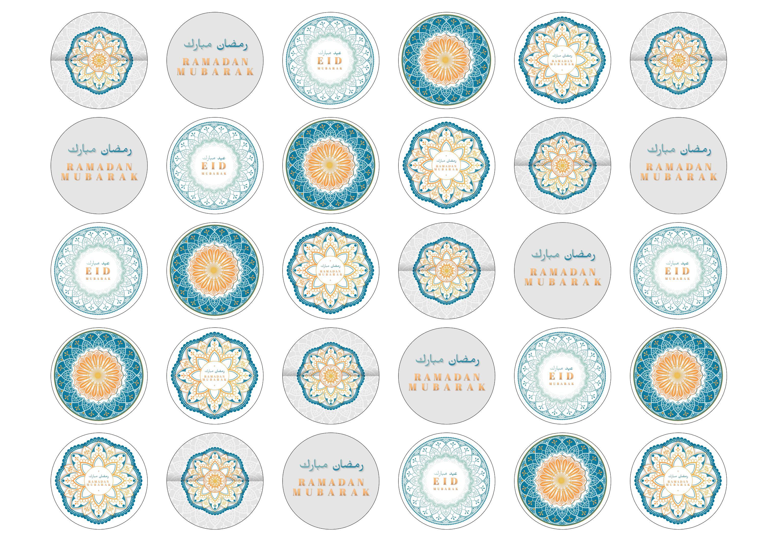30 edible cupcake toppers with mandala design for Ramadan Mubarak and Eid Mubarak