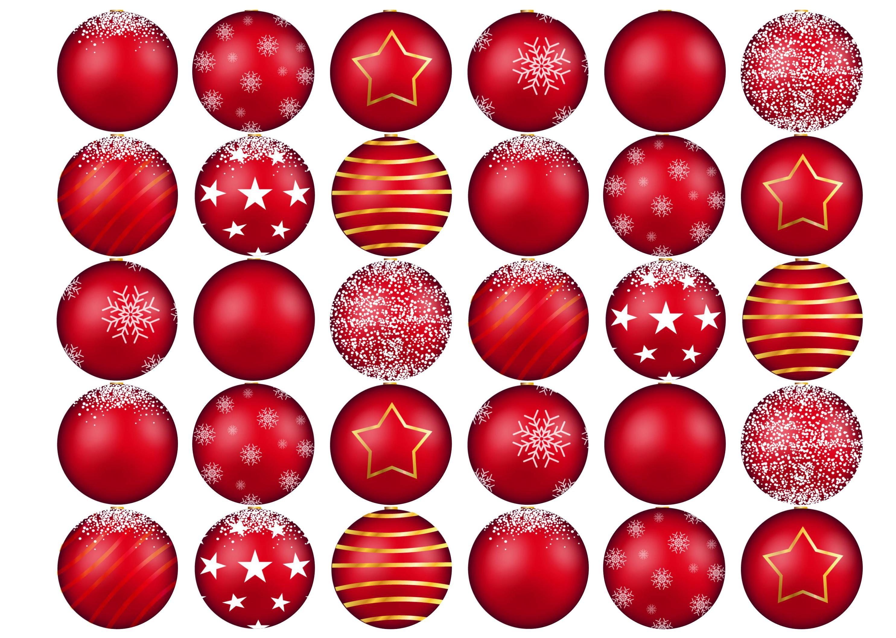 30 edible printed cupcake toppers with red Christmas Bauble designs