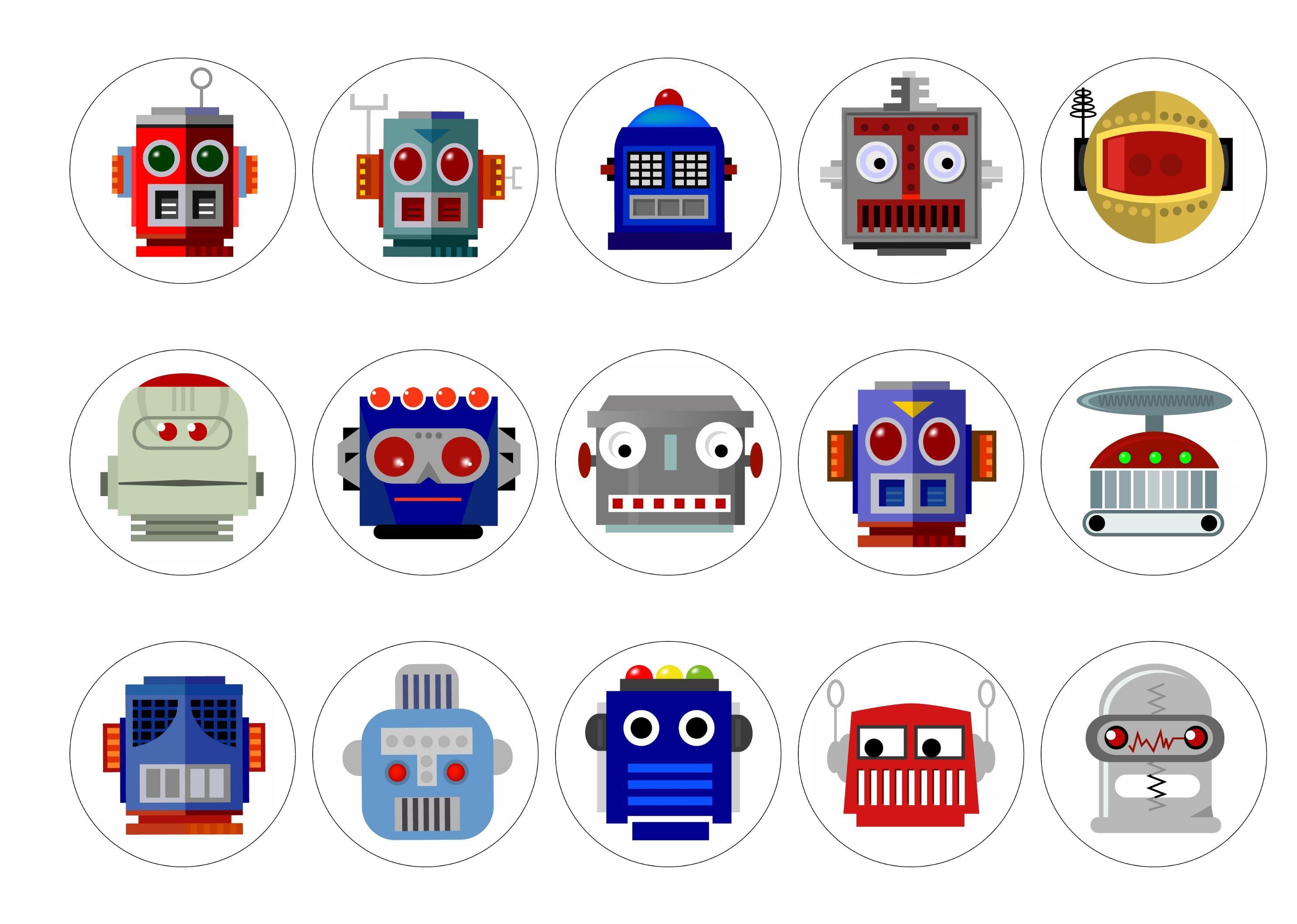 15 printed cupcake toppers with fun Robot images