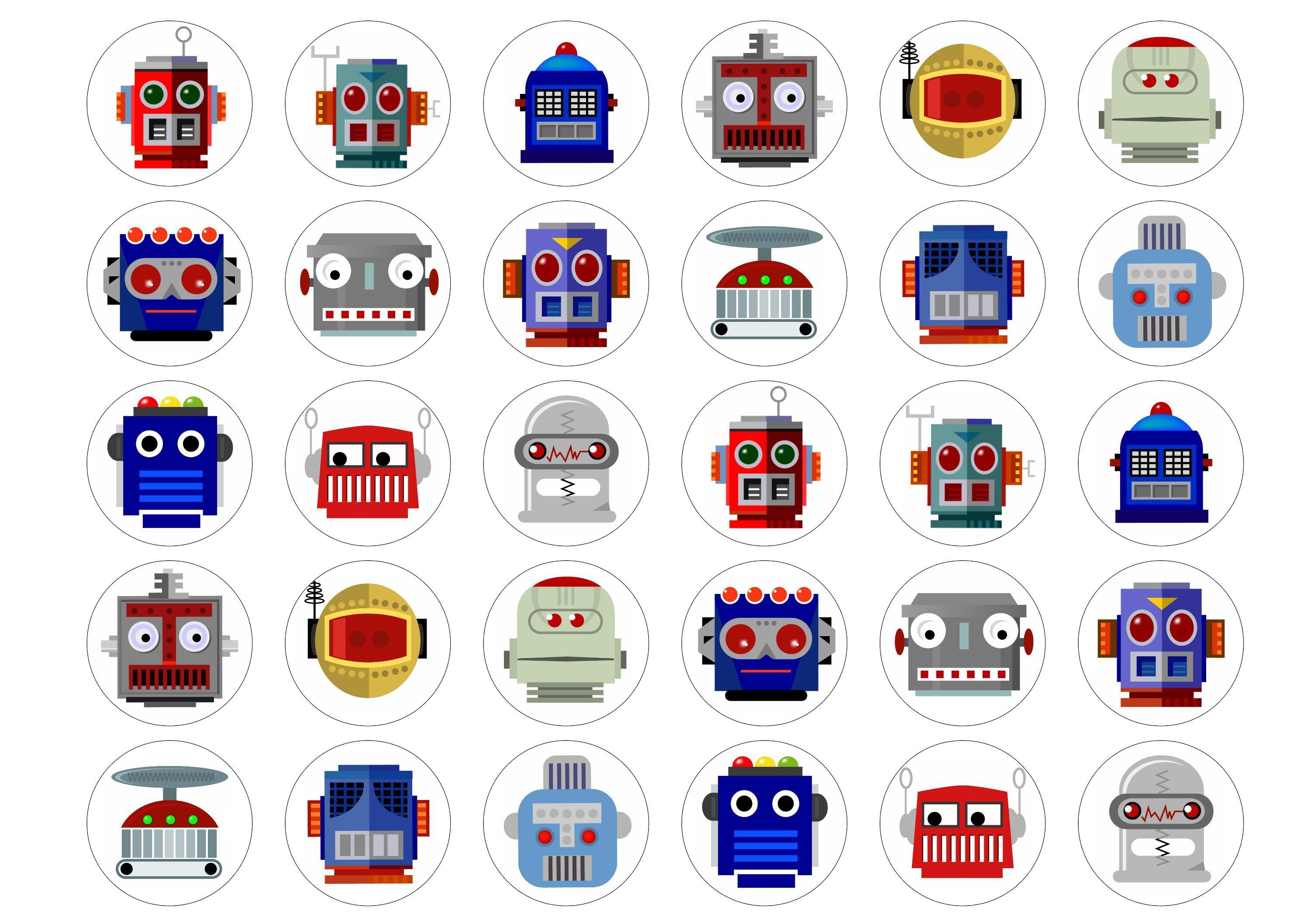 30 edible cupcake toppers with fun Robot images