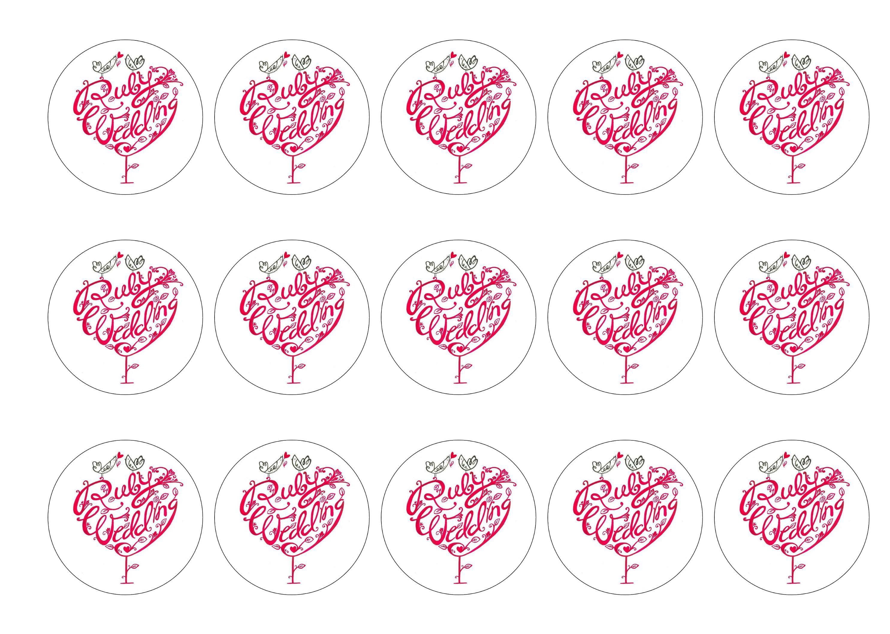 15 printed cupcake toppers for a Ruby Wedding Anniversary