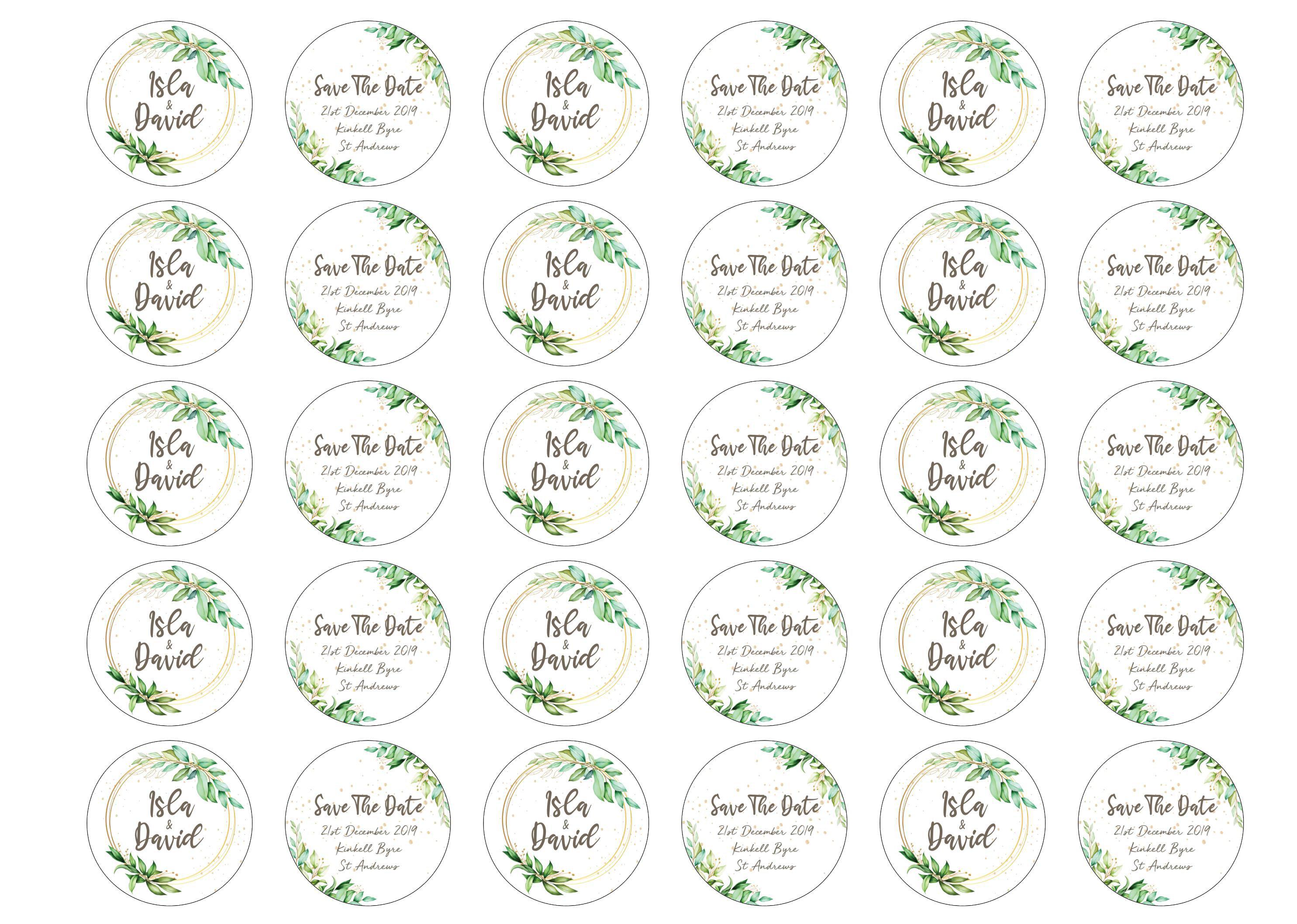 30 edible toppers with personalised save the date wedding designs