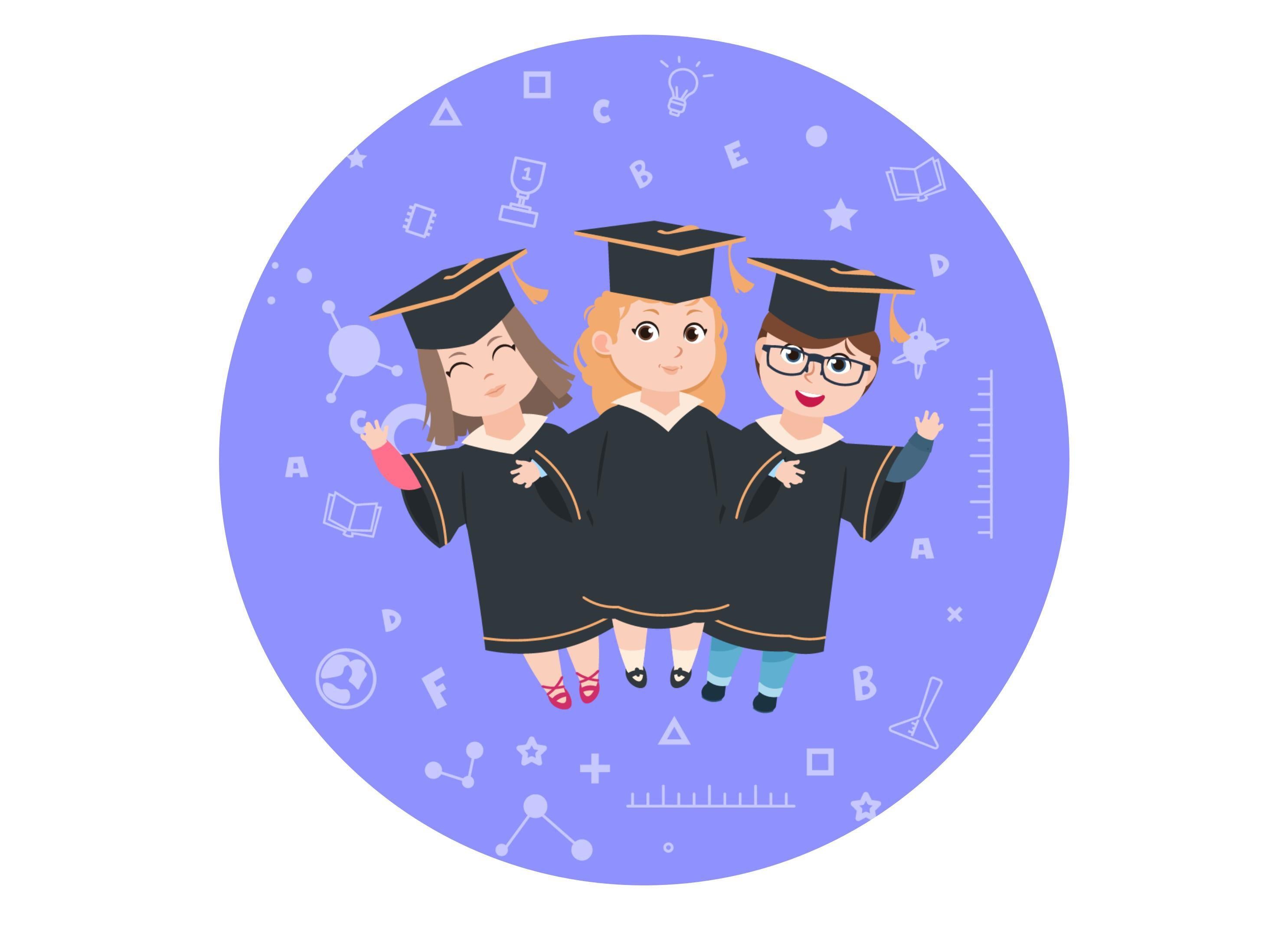 Large round printed cake topper with school children graduating