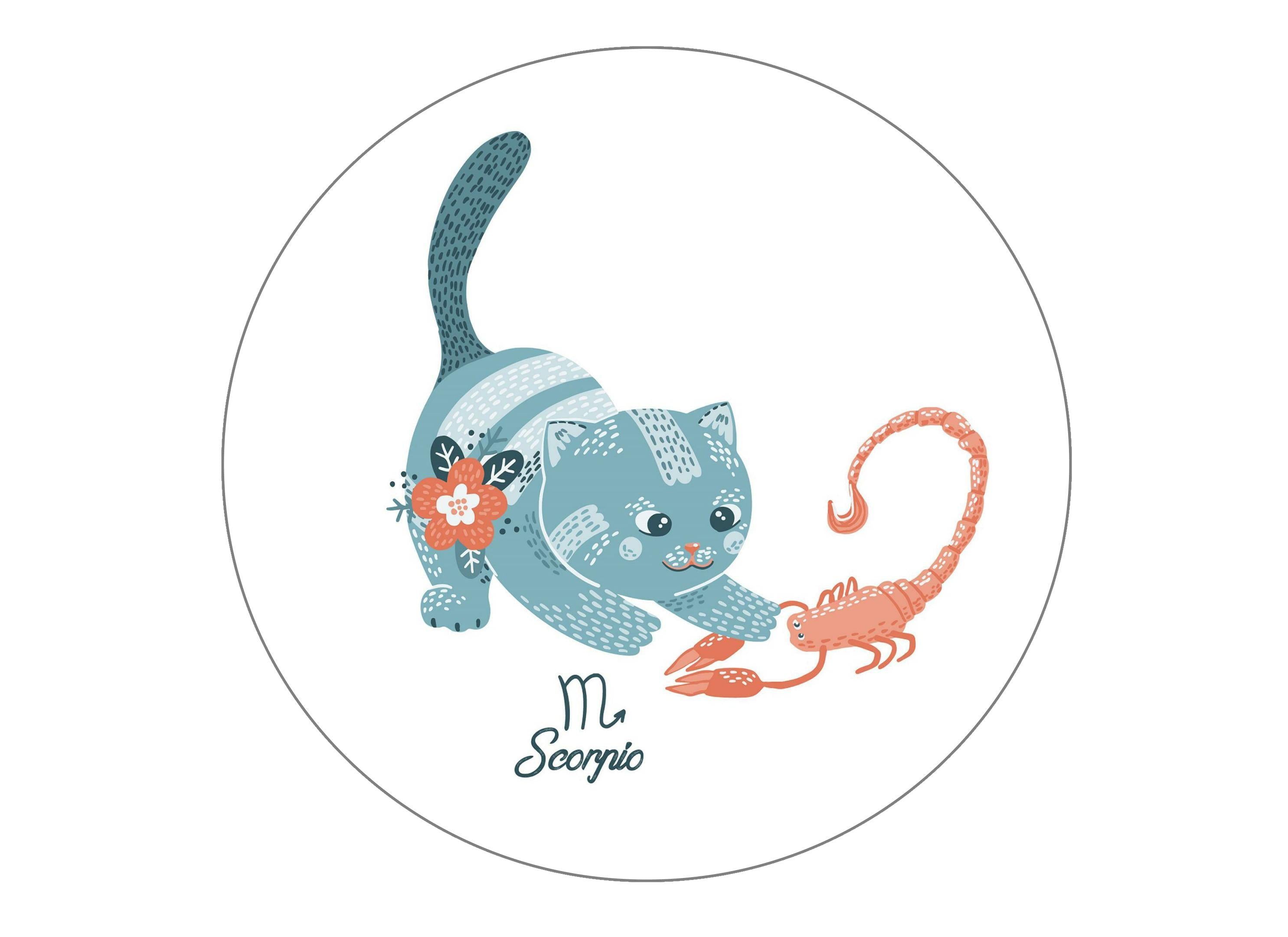 round cake topper with cute cats symbolising Scorpio the Scorpion Star Sign