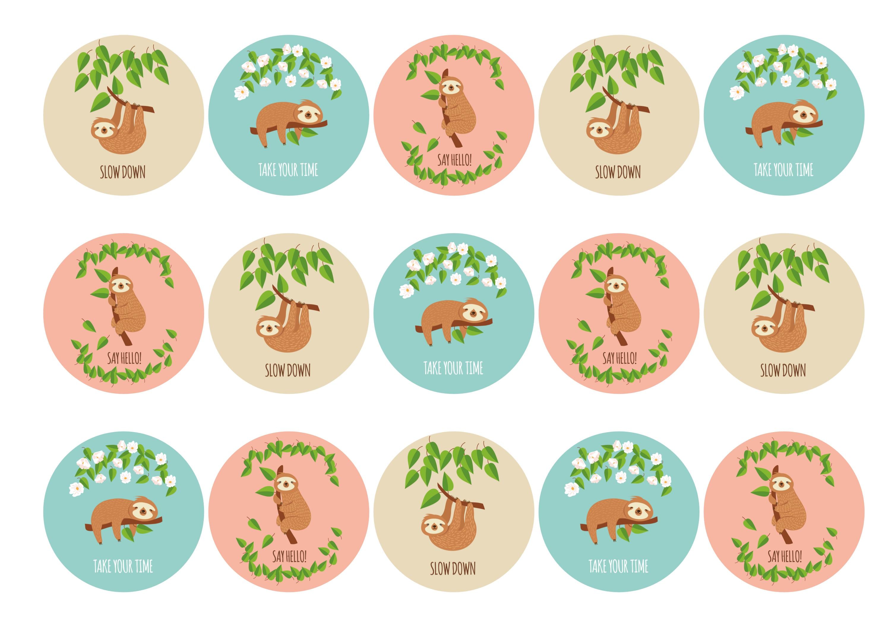 15 printed toppers with cute sloth pictures
