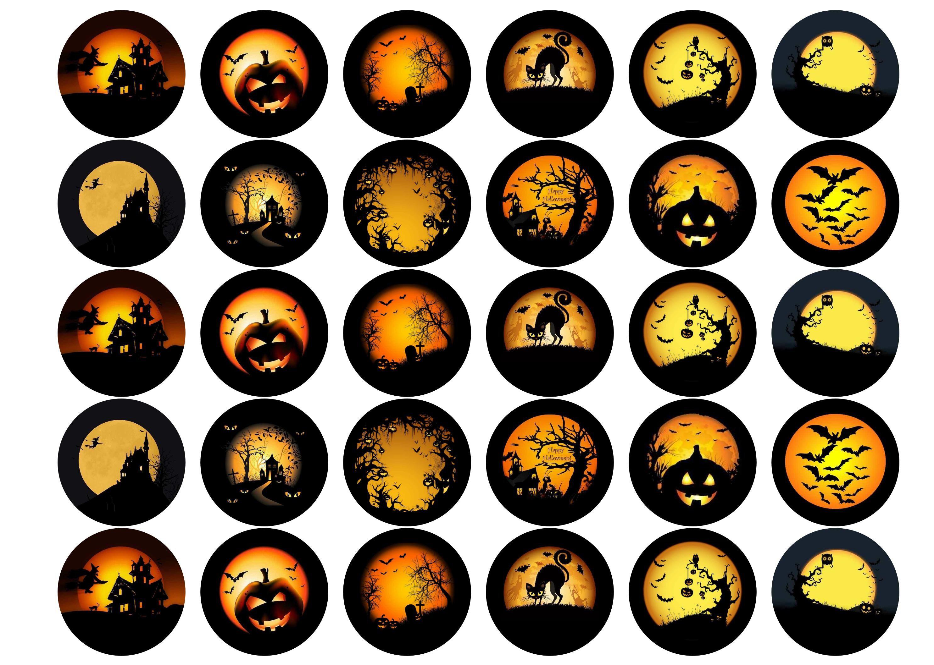 30 printed cupcake toppers with spooky halloween scenes