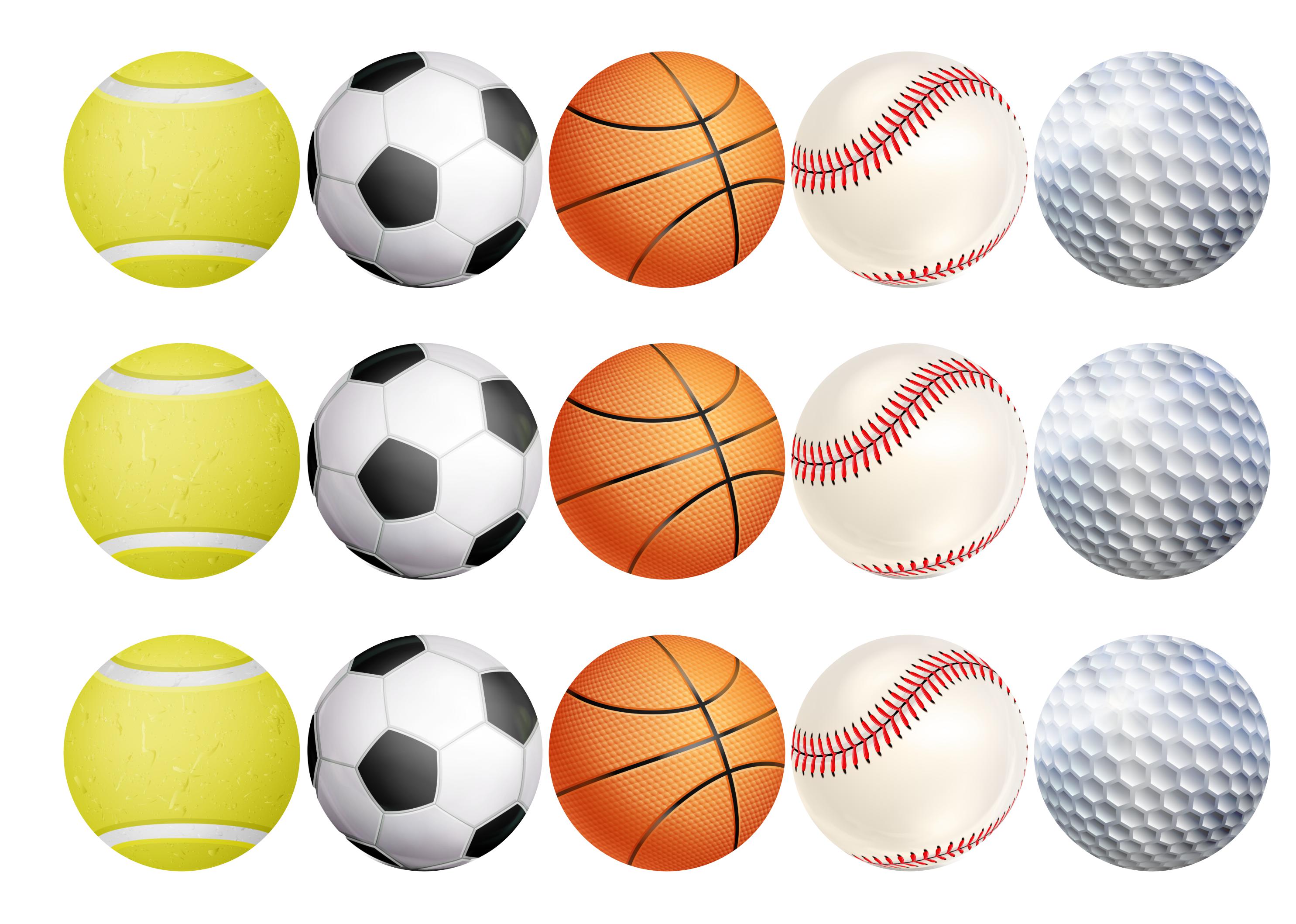 15 cupcake toppers with different sport ball designs
