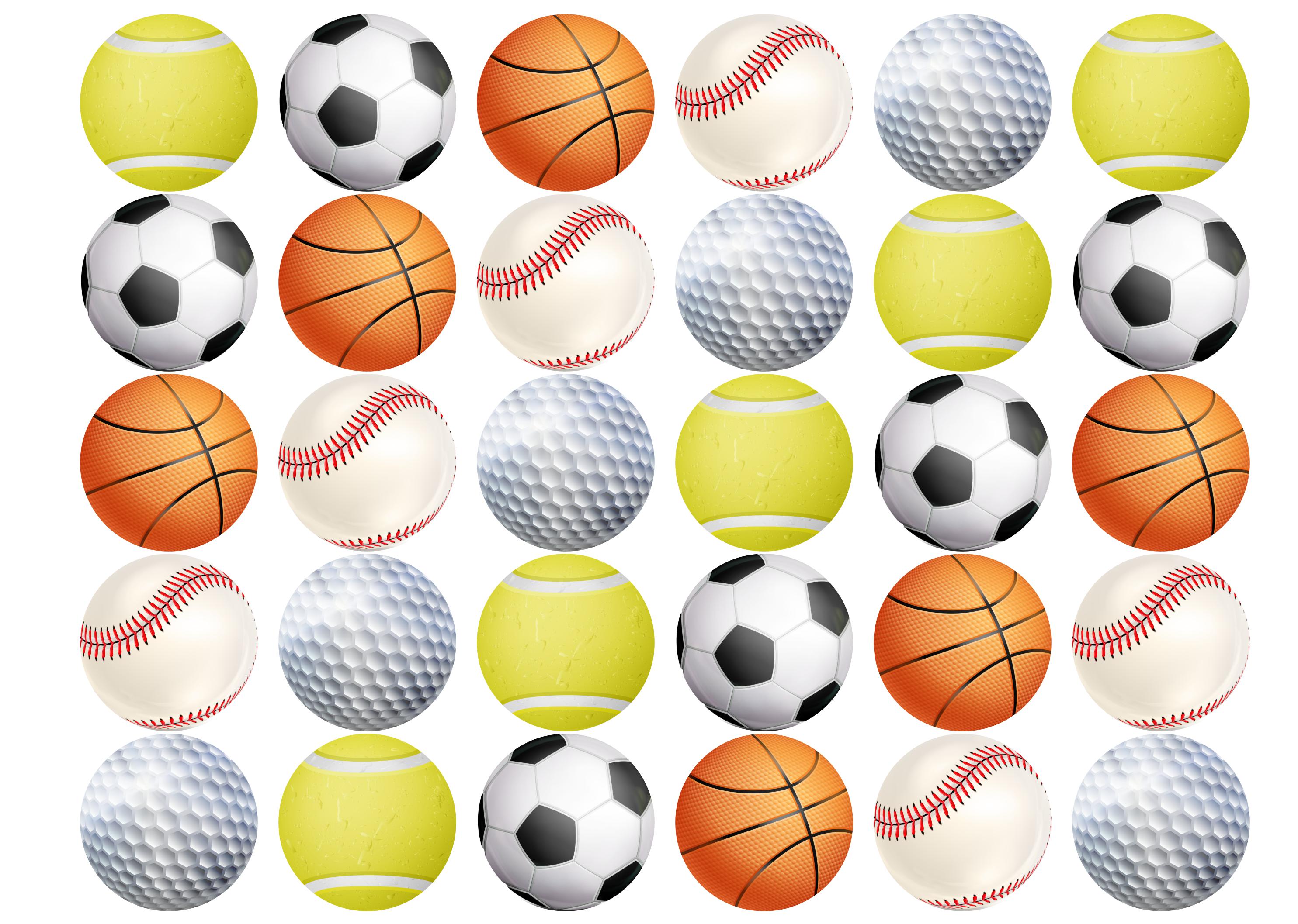 30 edible toppers printed with different sporting balls
