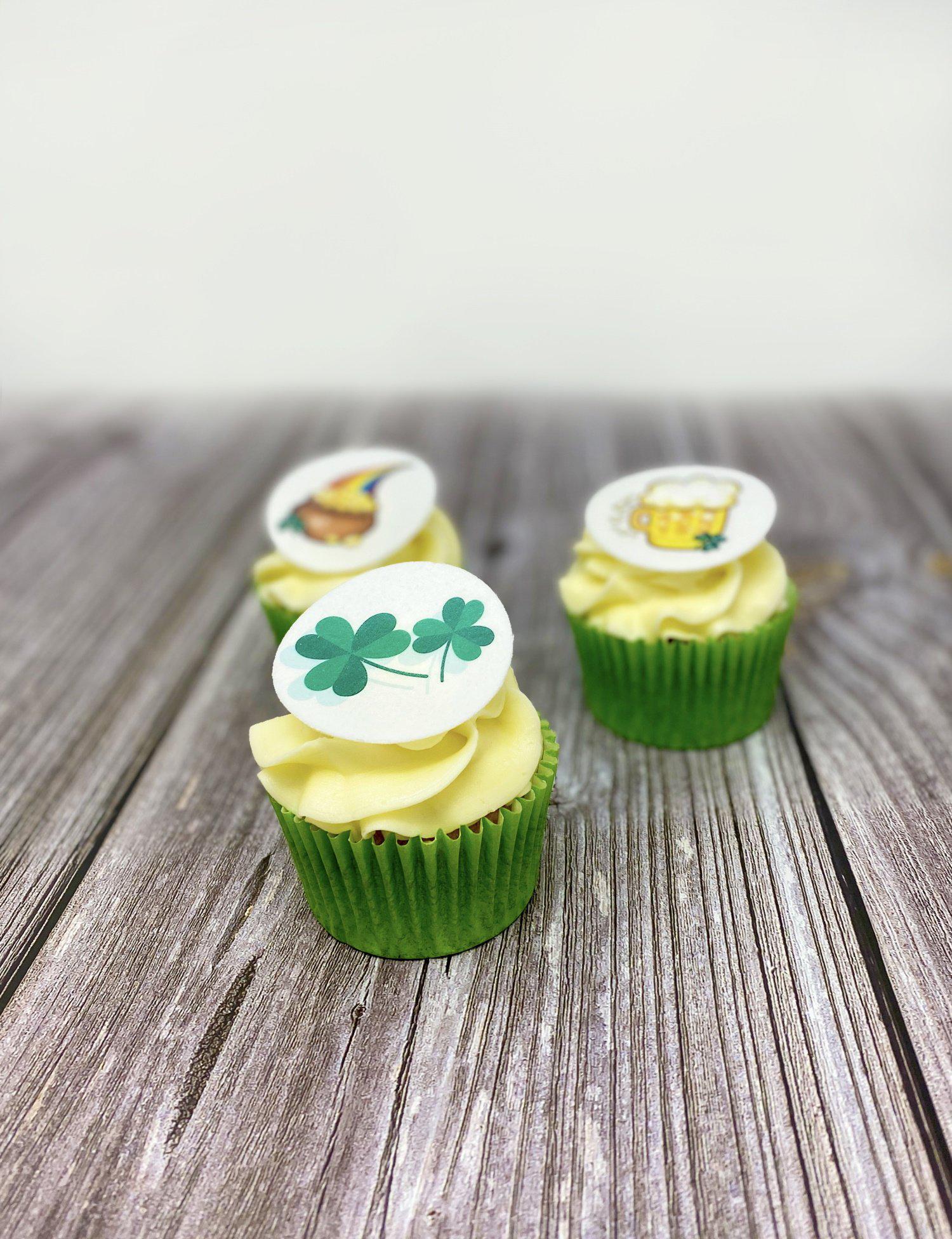 St Patrick's Day cupcakes with edible toppers - Lucky Logos