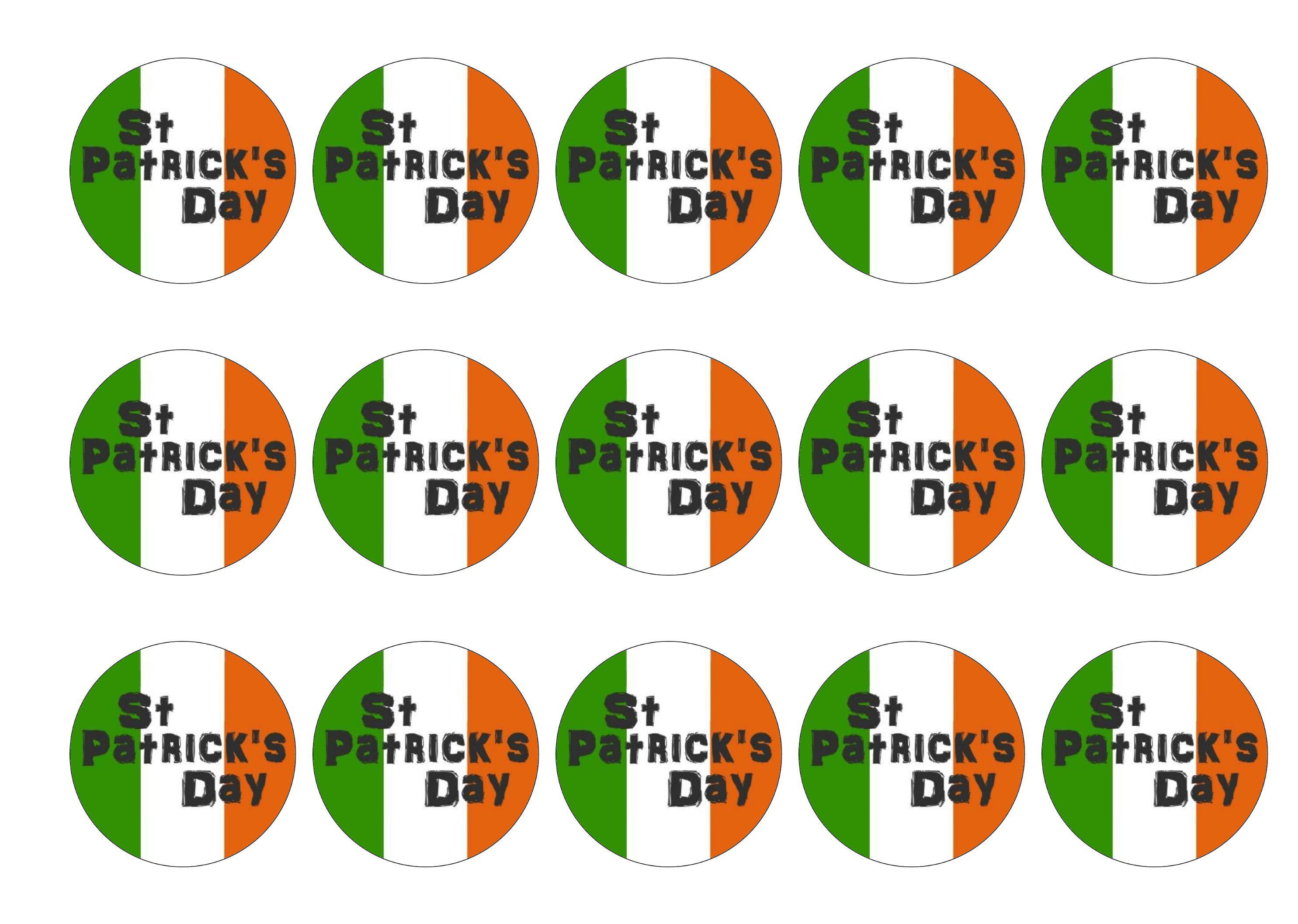 12 printed cupcake toppers with the flag of Ireland for St Patrick