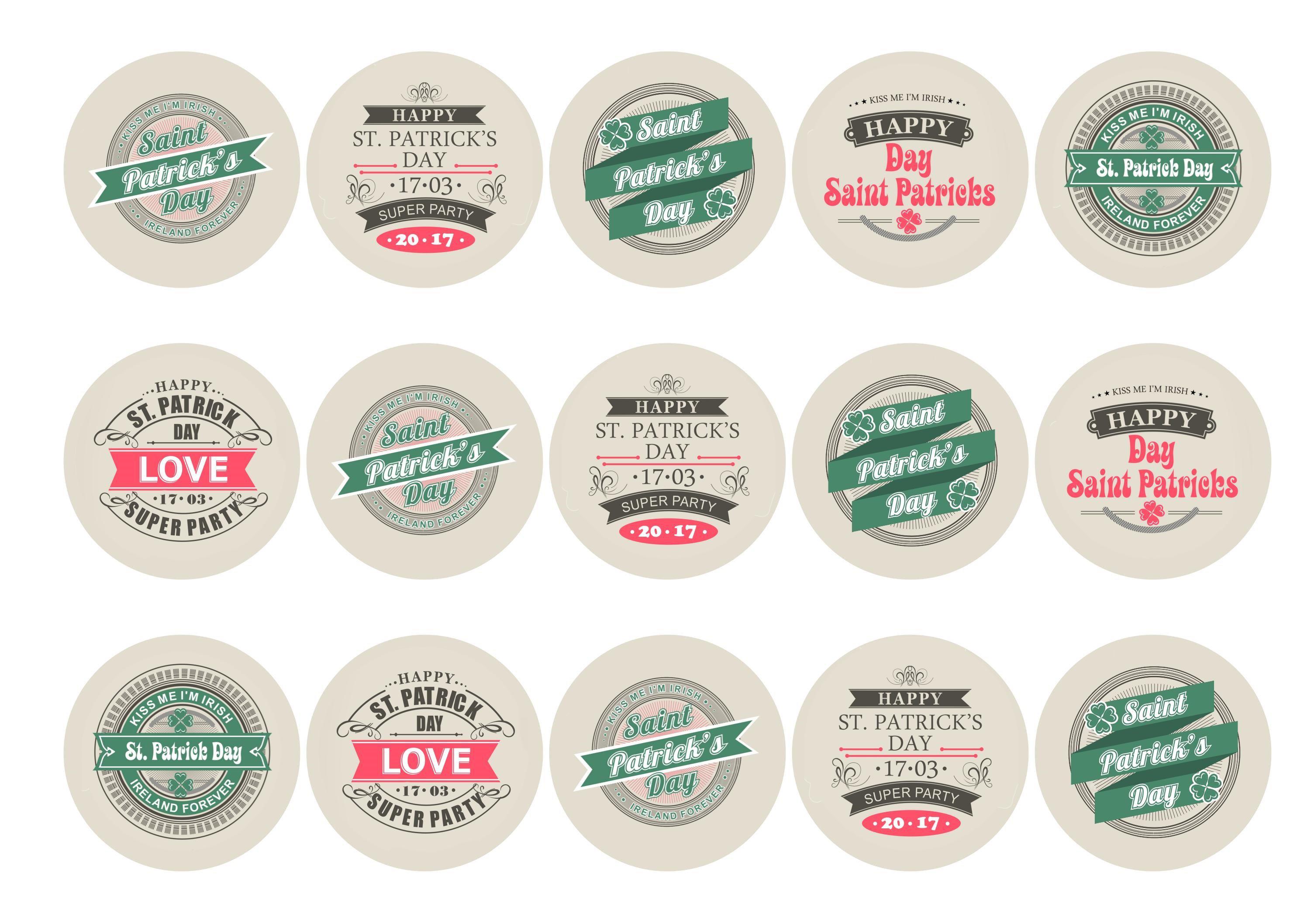 Printed cupcake toppers featuring retro stamp images for St Patricks Day