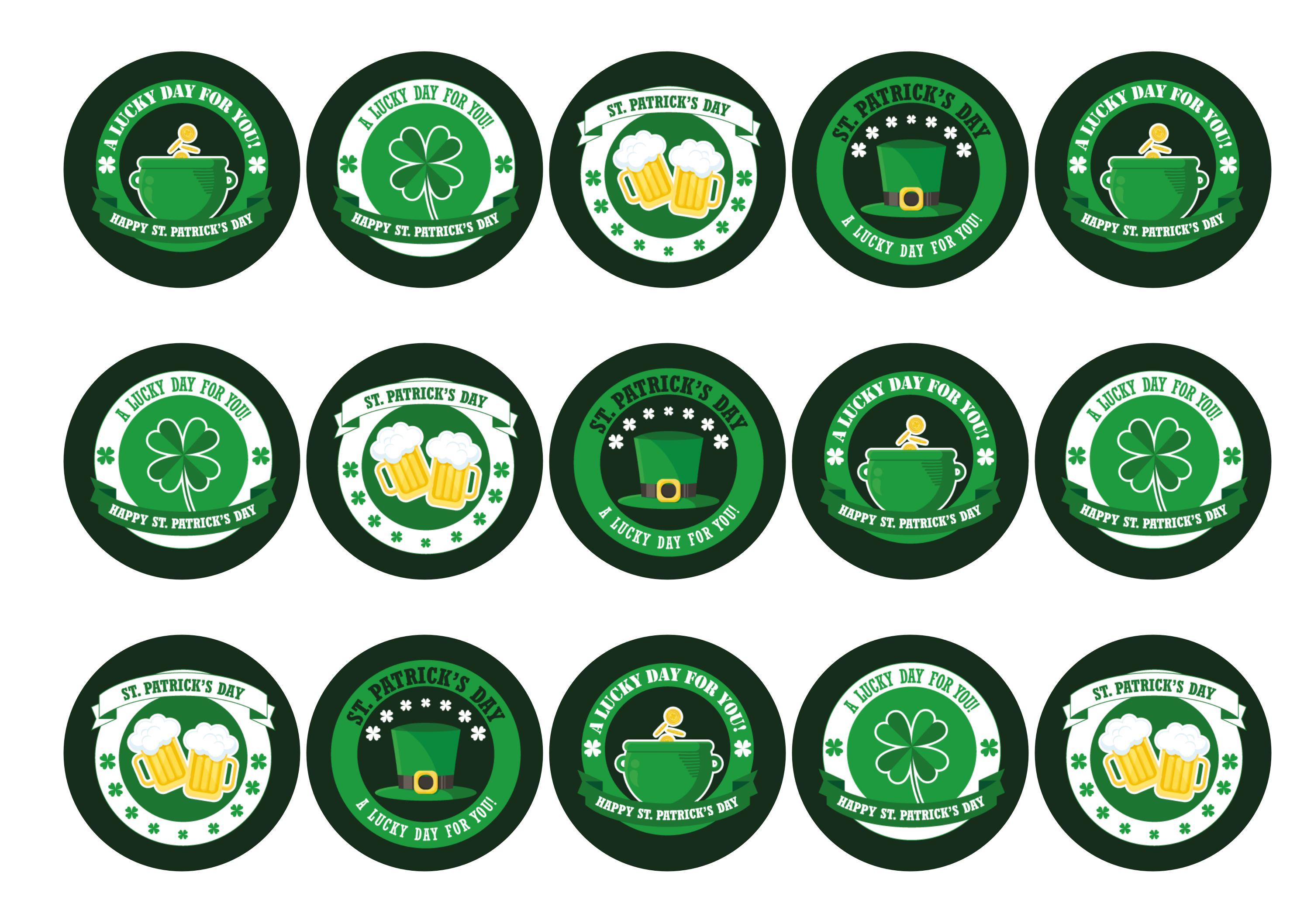 15 printed cupcake toppers with images for celebrating St Patricks Day