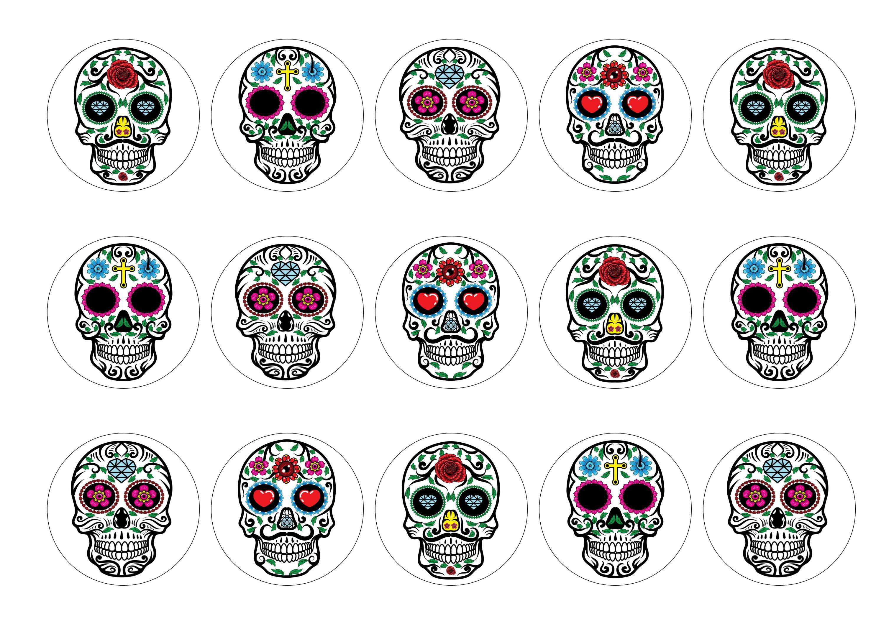 15 printed cupcake toppers with sugar skull images