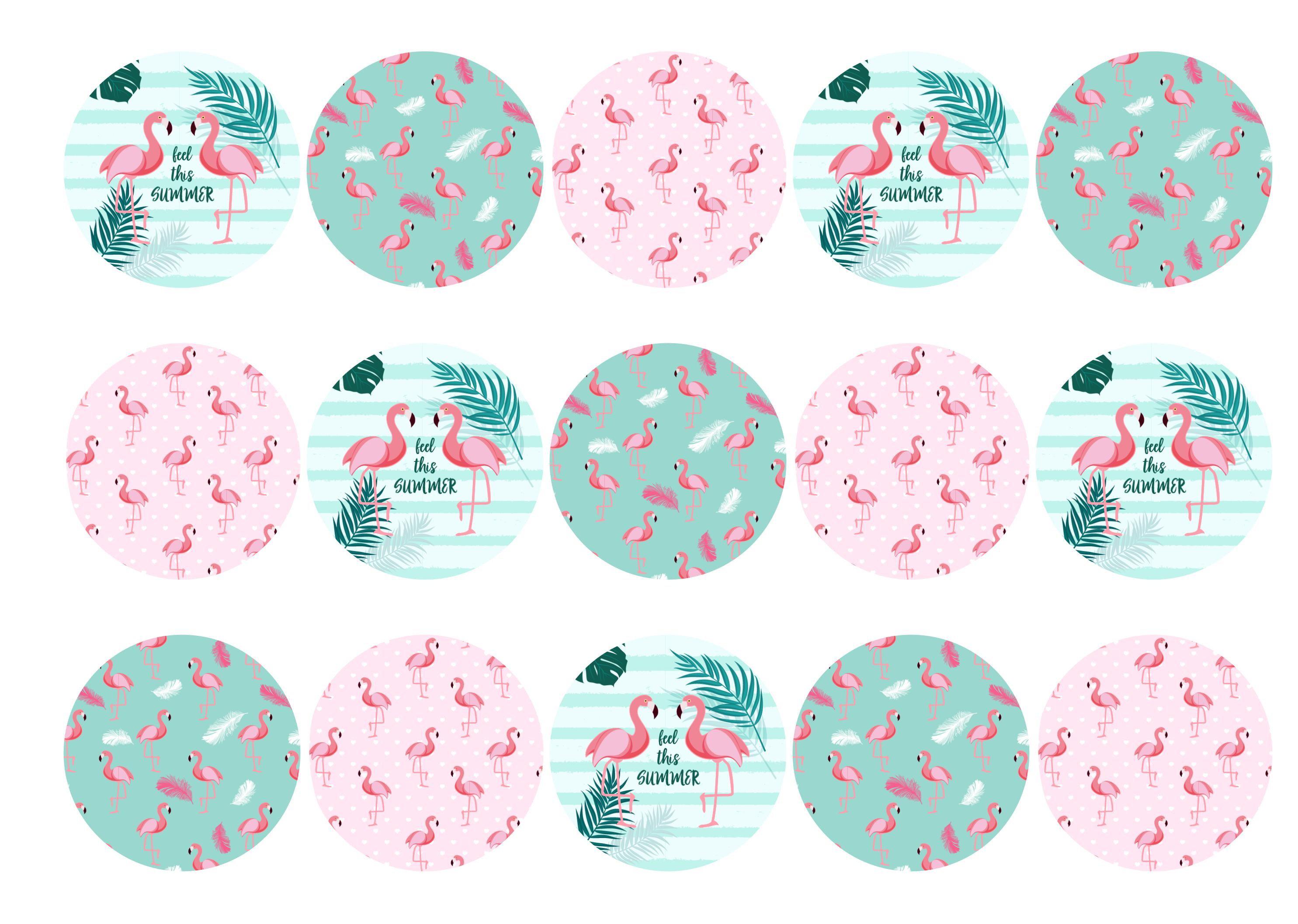 15 printed cupcake toppers with Summer Flamingo images