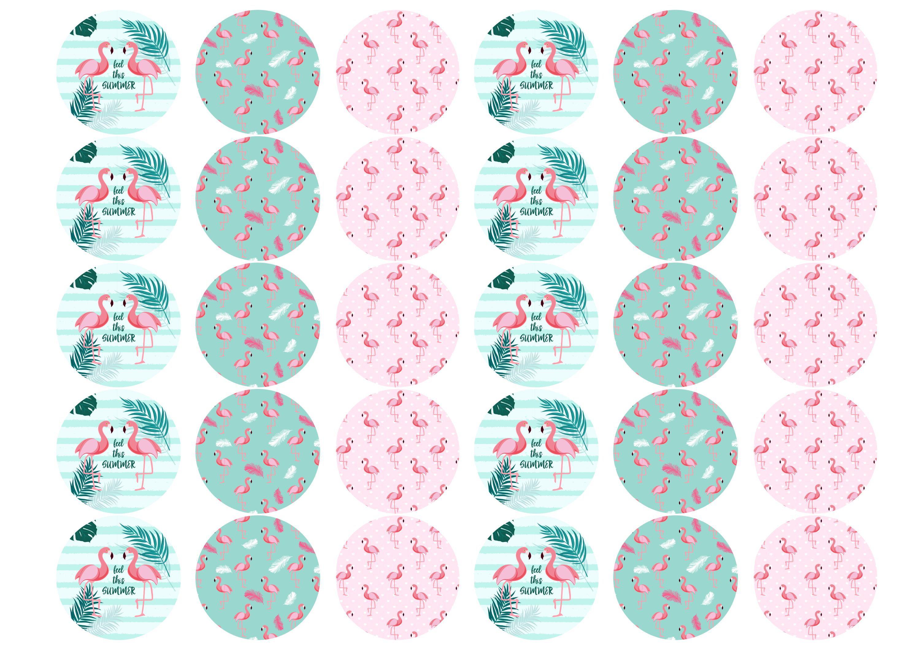 30 edible cupcake toppers with Summer Flamingo images