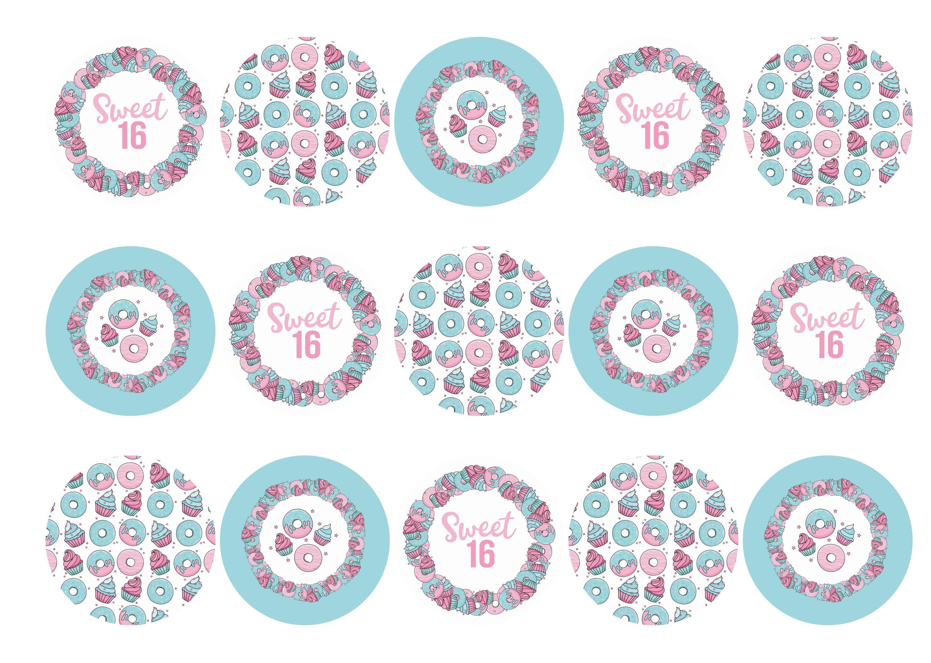 15 printed cupcake toppers with images for a sweet sixteenth party