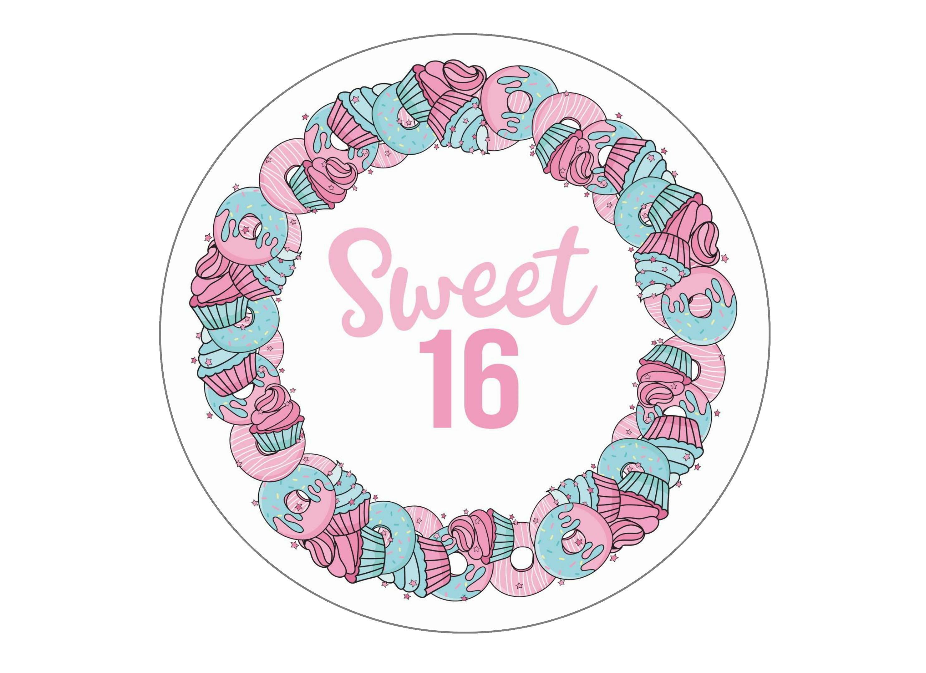 Large round edible cake topper with images for a sweet sixteenth party