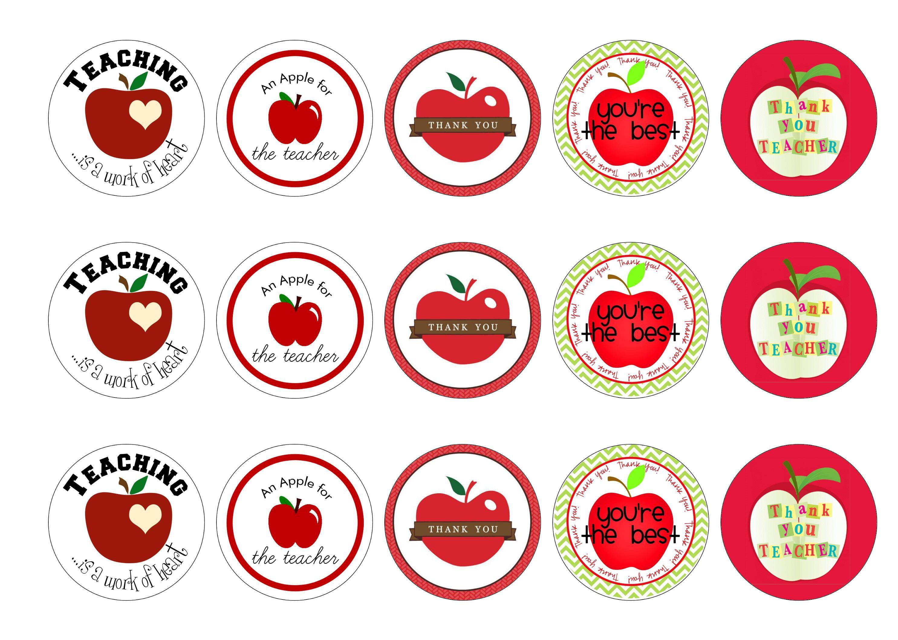 15 printed cupcake toppers with images of apples for teachers
