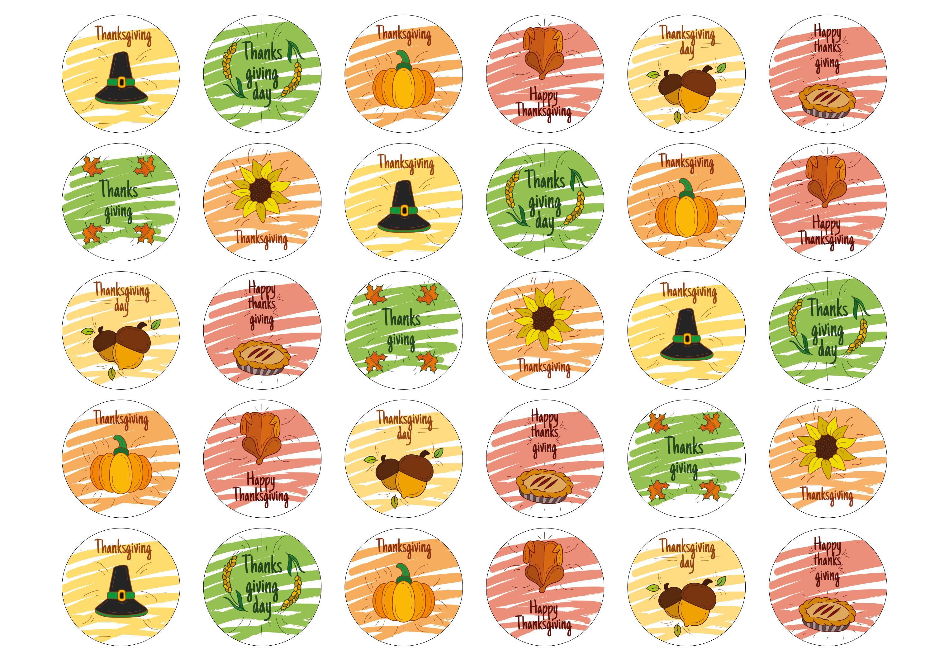 30 edible Thanksgiving cupcake toppers with images and messages to celebrate