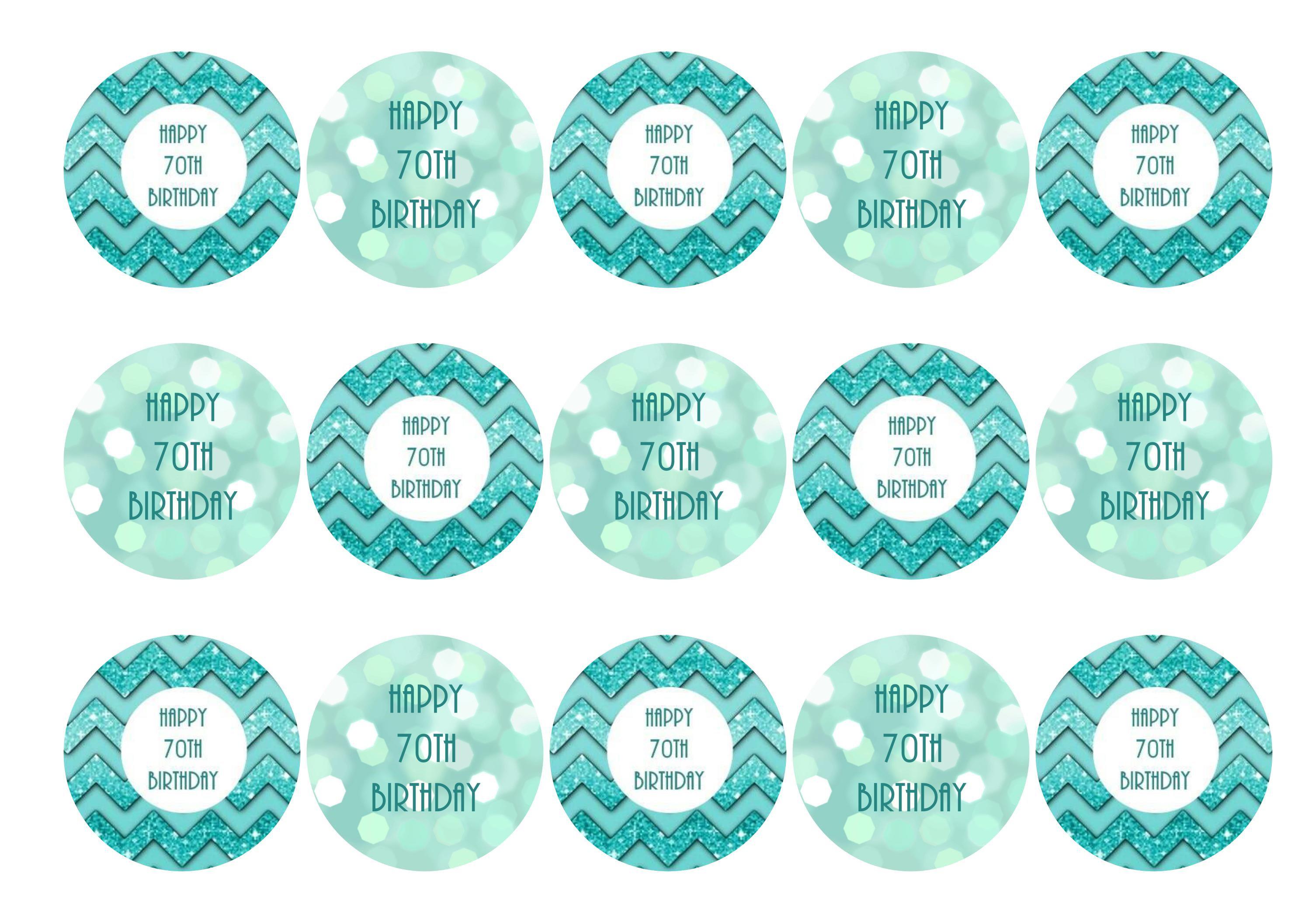 Edible cupcake toppers with a Tiffany Blue Happy 70th Birthday message