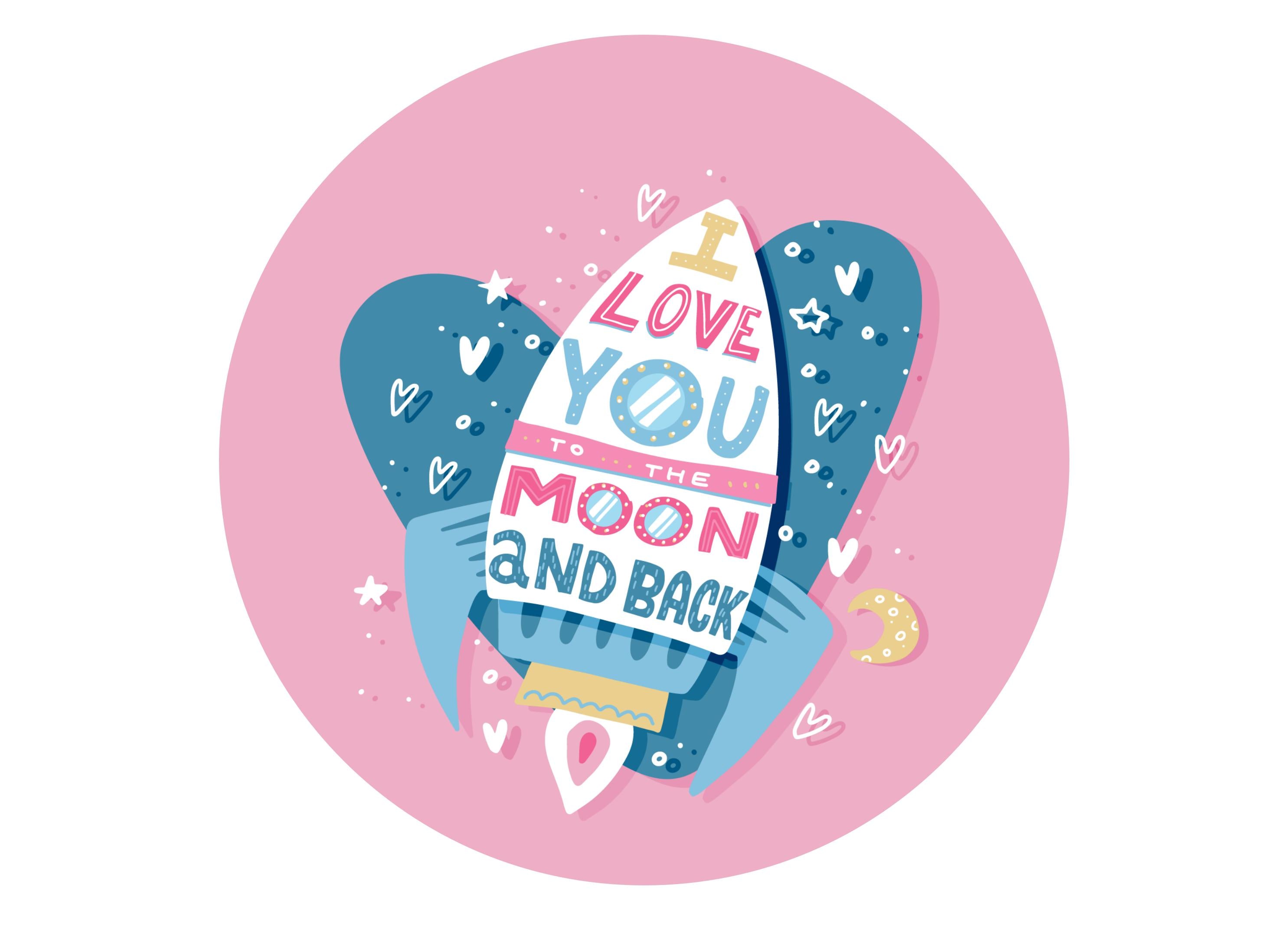Large cake topper with rocket ship and I love you to the moon and back print