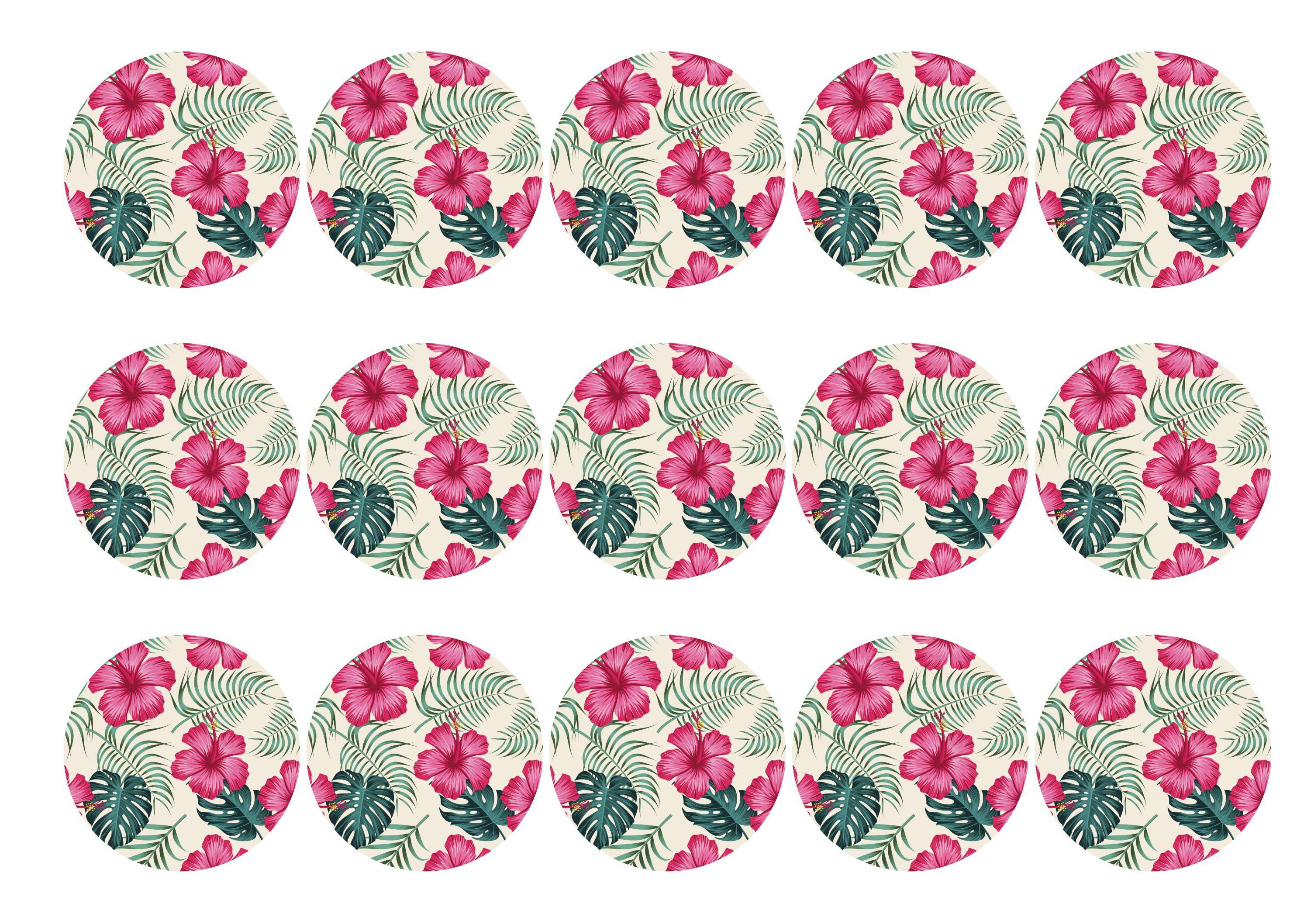 15 printed cupcake toppers with tropical hot pink hibiscus and green monstera leaves