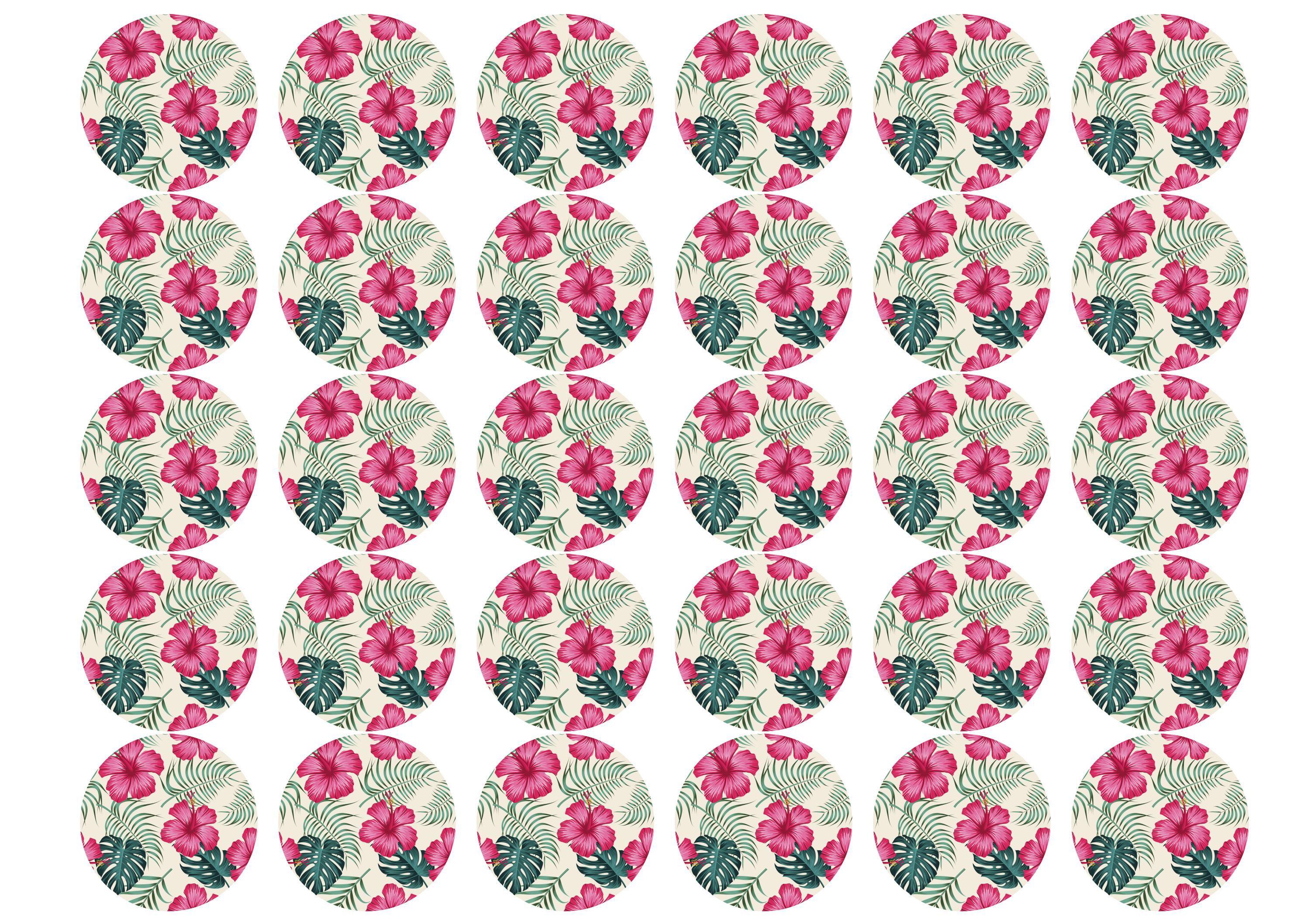 30 edible cupcake toppers with tropical hot pink hibiscus and green monstera leaves
