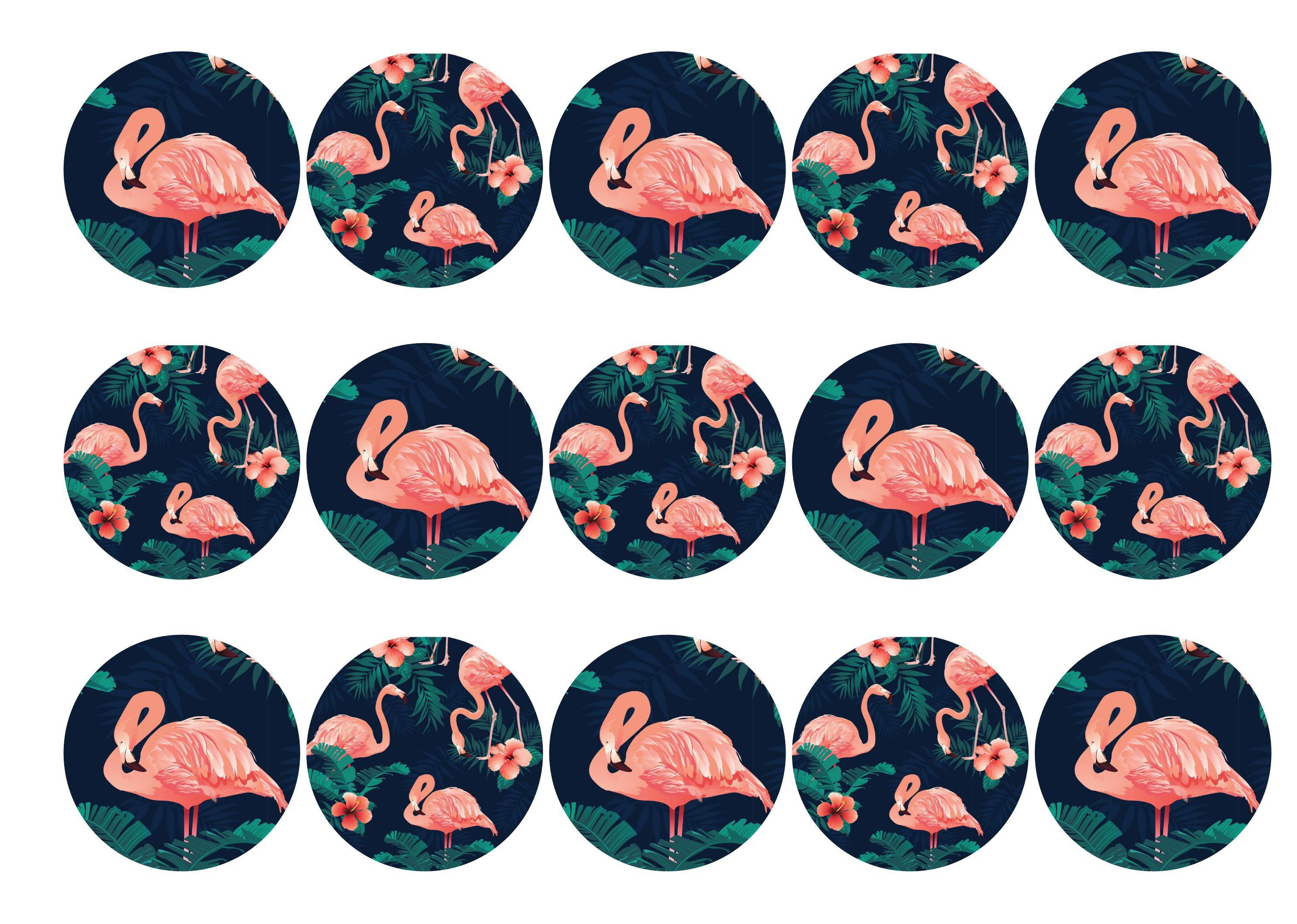 15 printed toppers with a pink tropical flamingo design