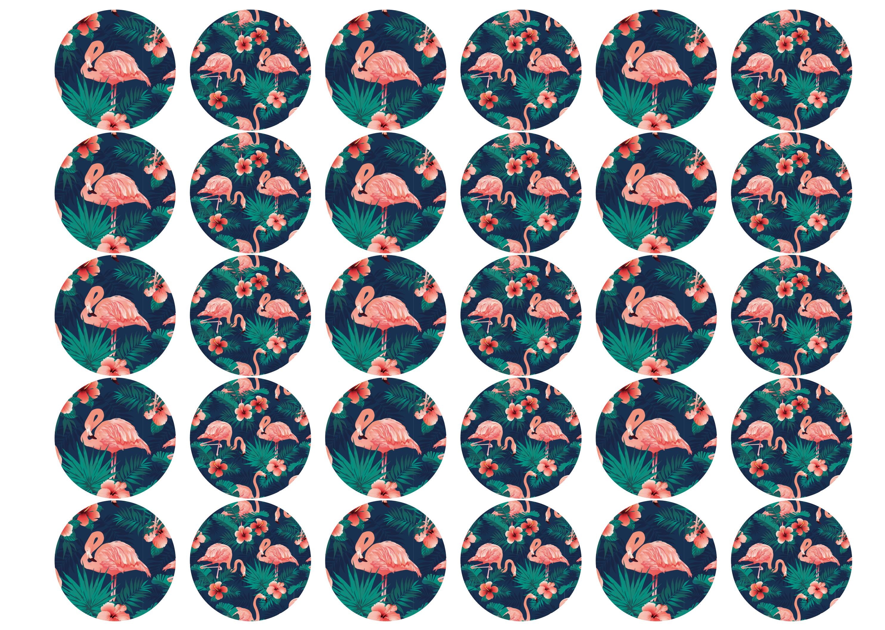 30 edible toppers with a pink tropical flamingo design