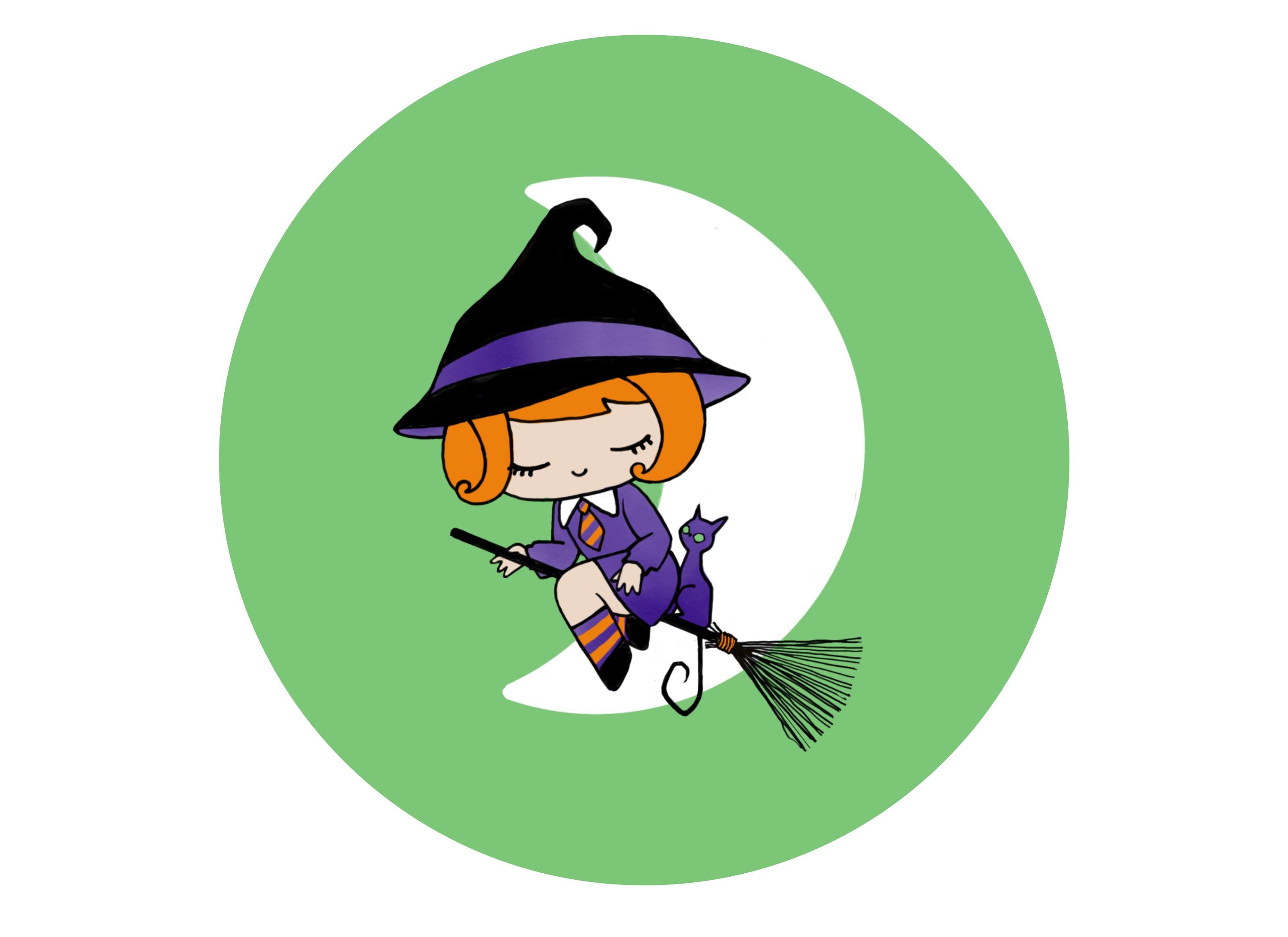 Large round cake topper with cute witches for Halloween