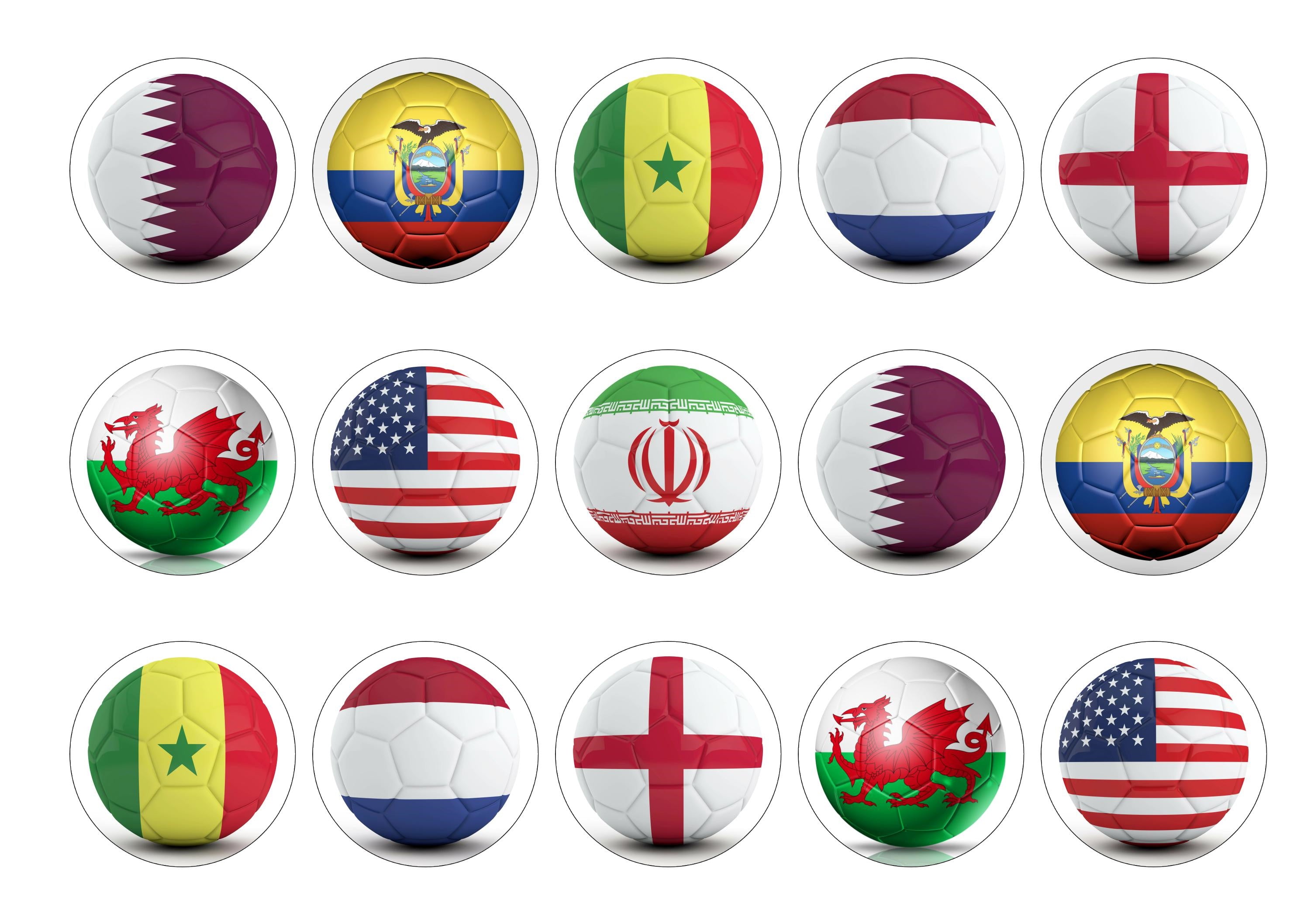 15 cupcake toppers with flags of the countries in Group a and Group b in the World Cup 2022