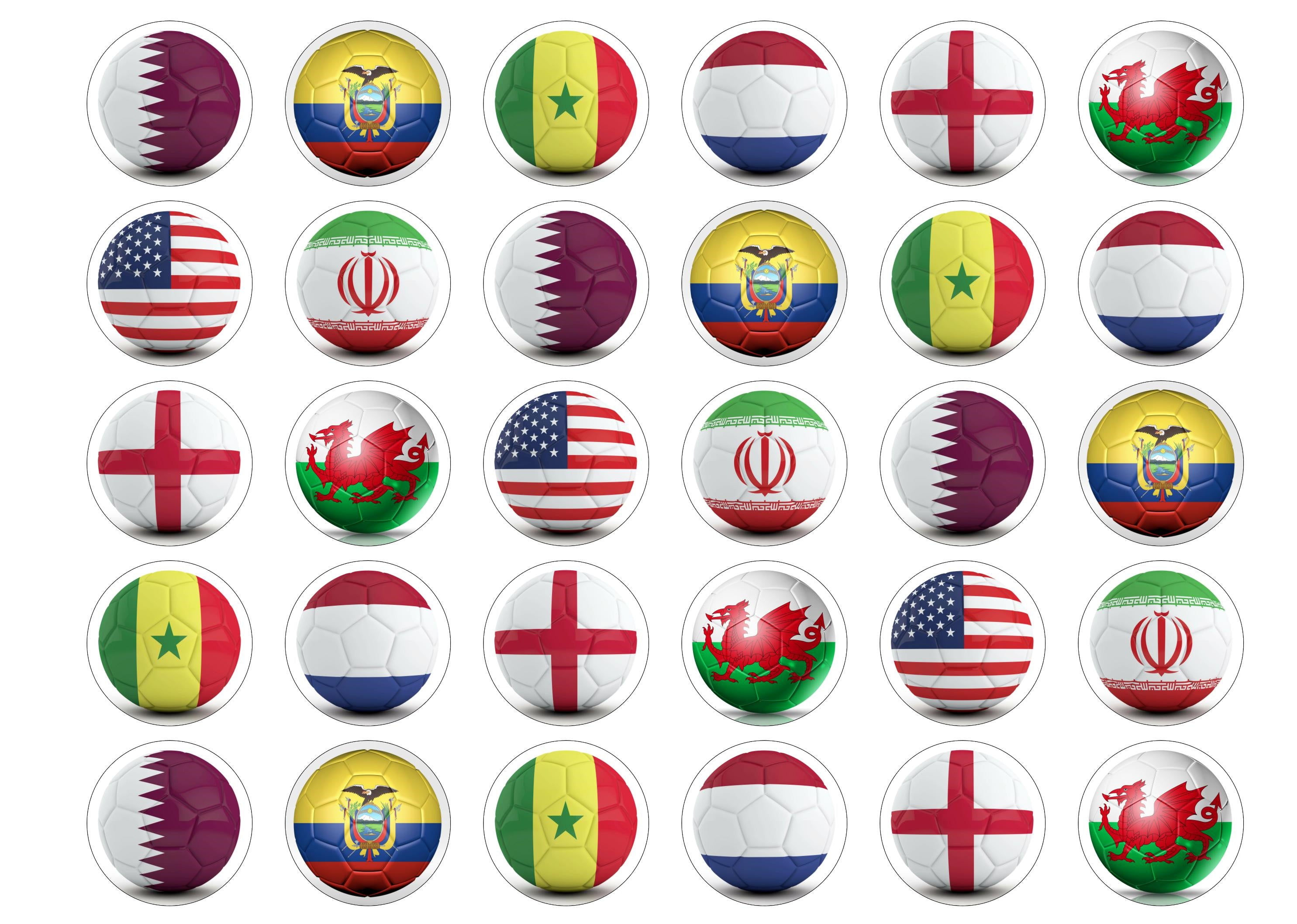 30 edible toppers with flags of the countries in Group a and Group b in the World Cup 2022