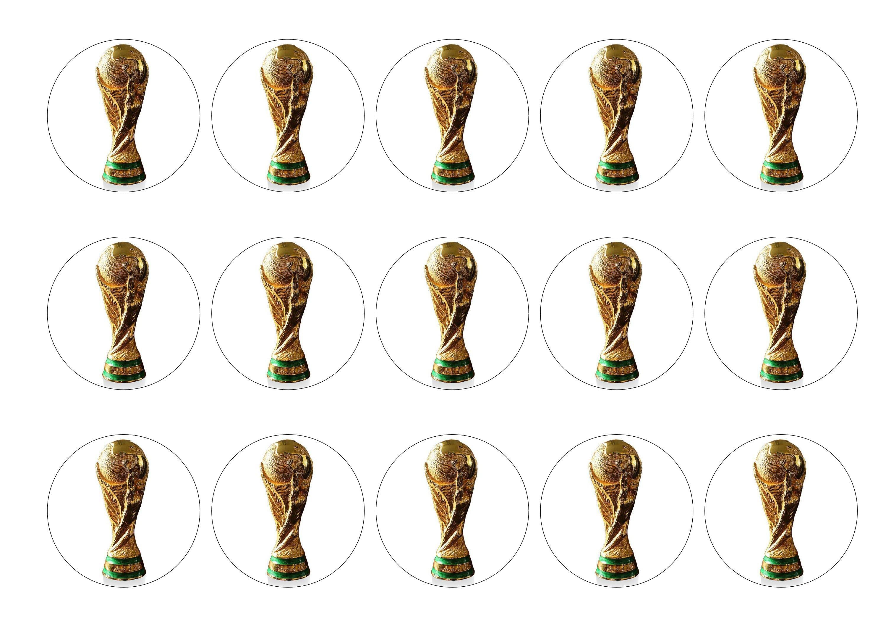 15 printed cupcake toppers with a picture of the FIFA World Cup Trophy