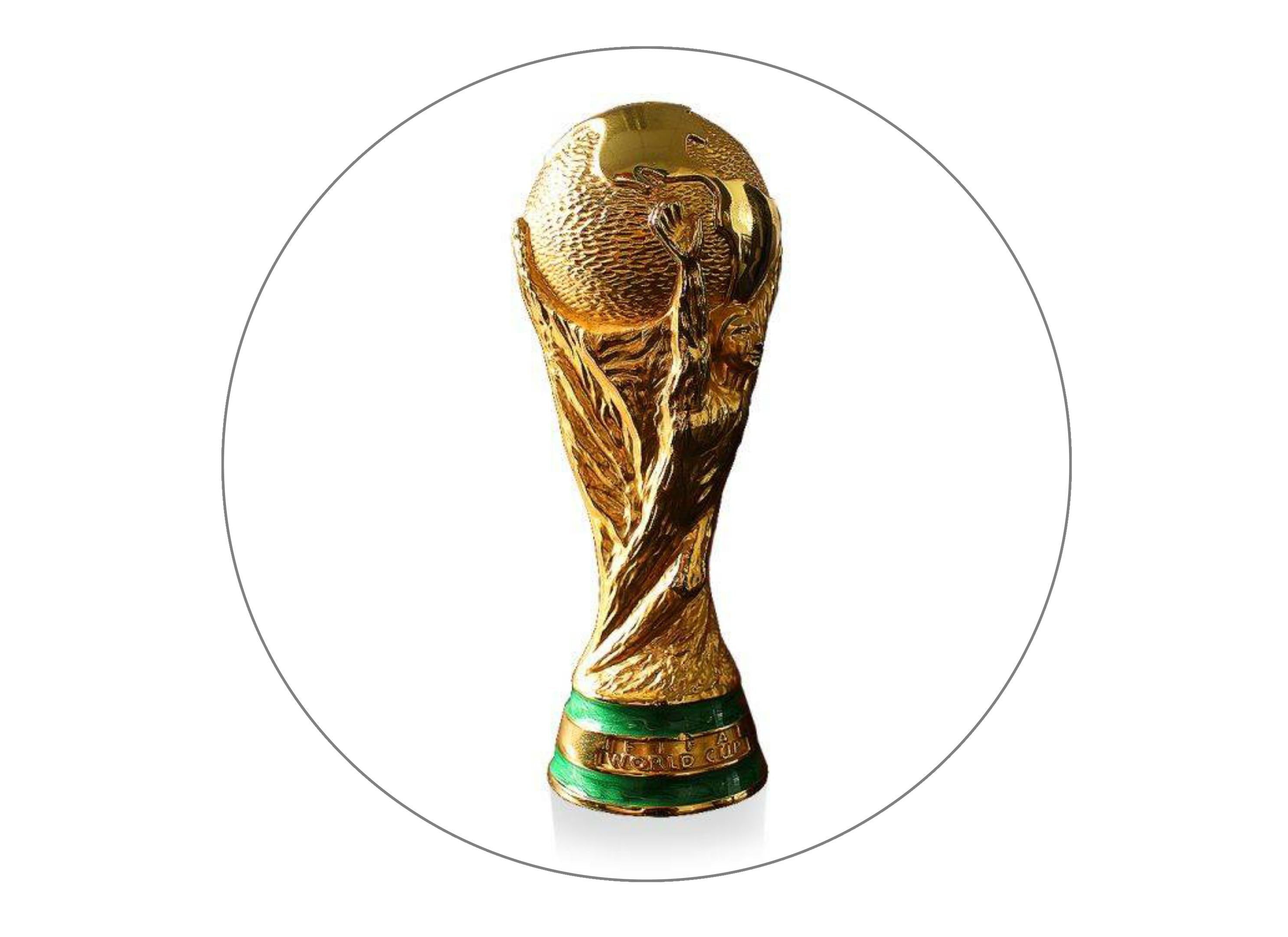 190mm round cake topper with a picture of the FIFA World Cup Trophy