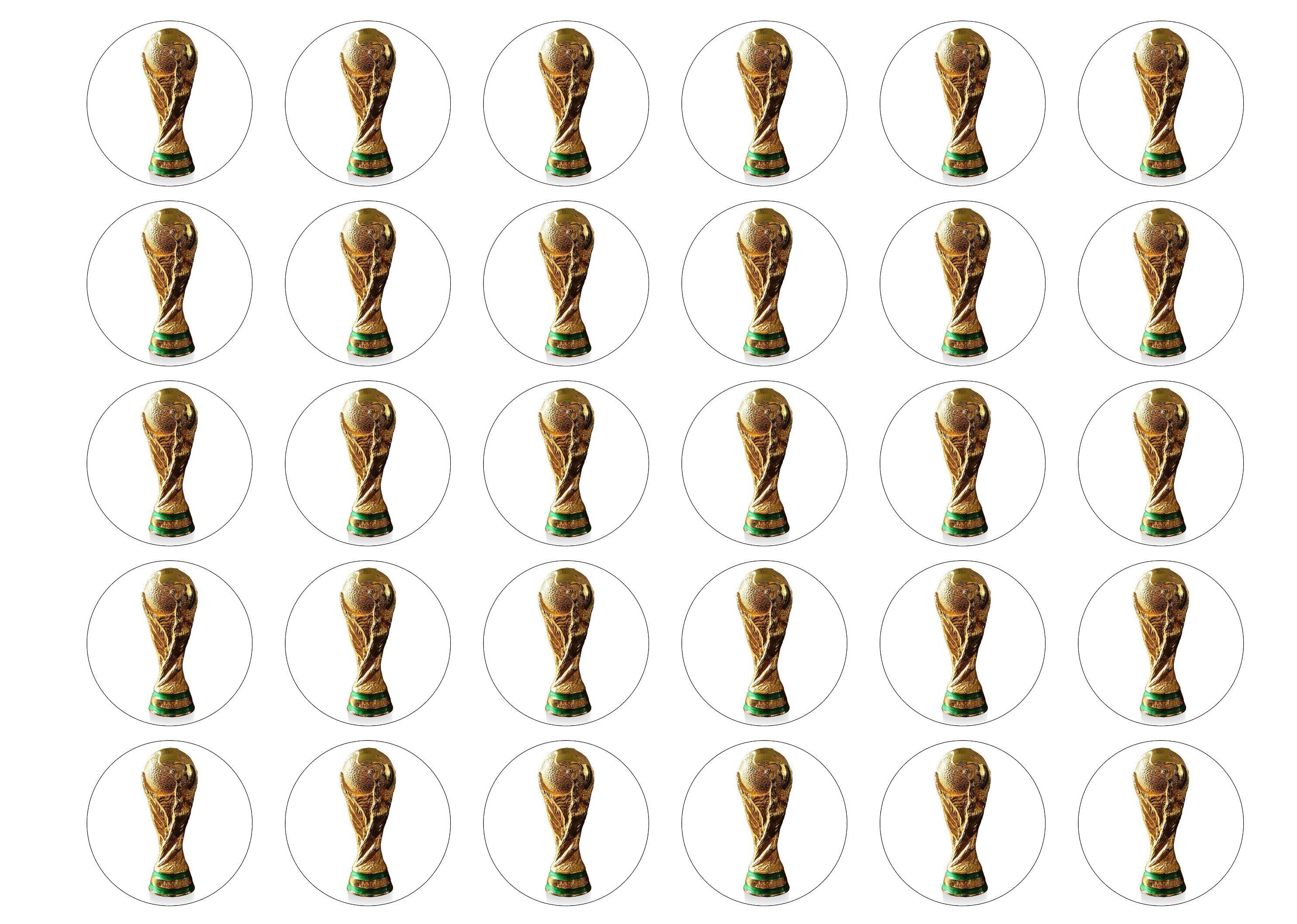 30 edible cupcake toppers with a picture of the FIFA World Cup Trophy