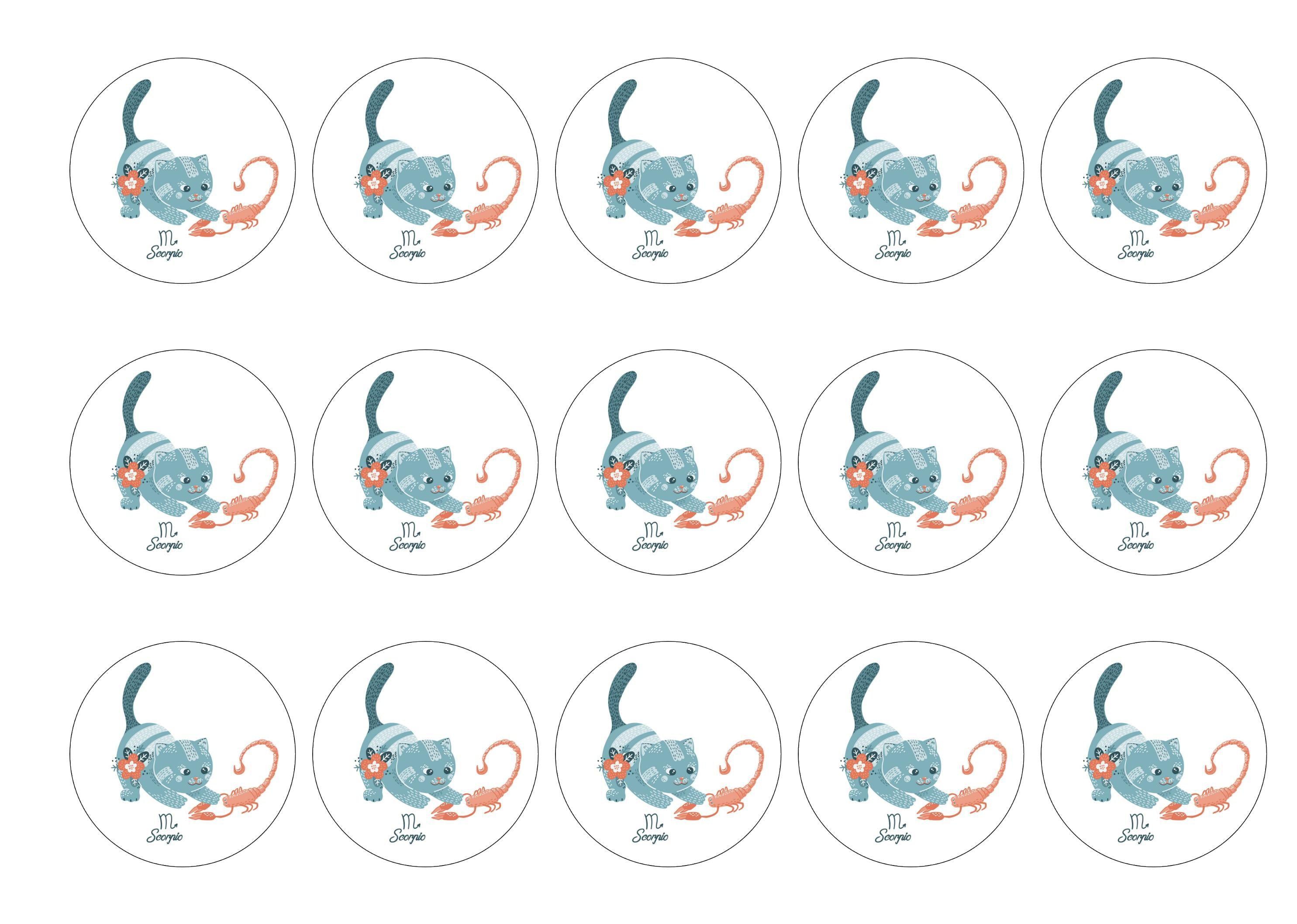 15 printed cupcake toppers with cute cats symbolising Scorpio the Scorpion Star Sign