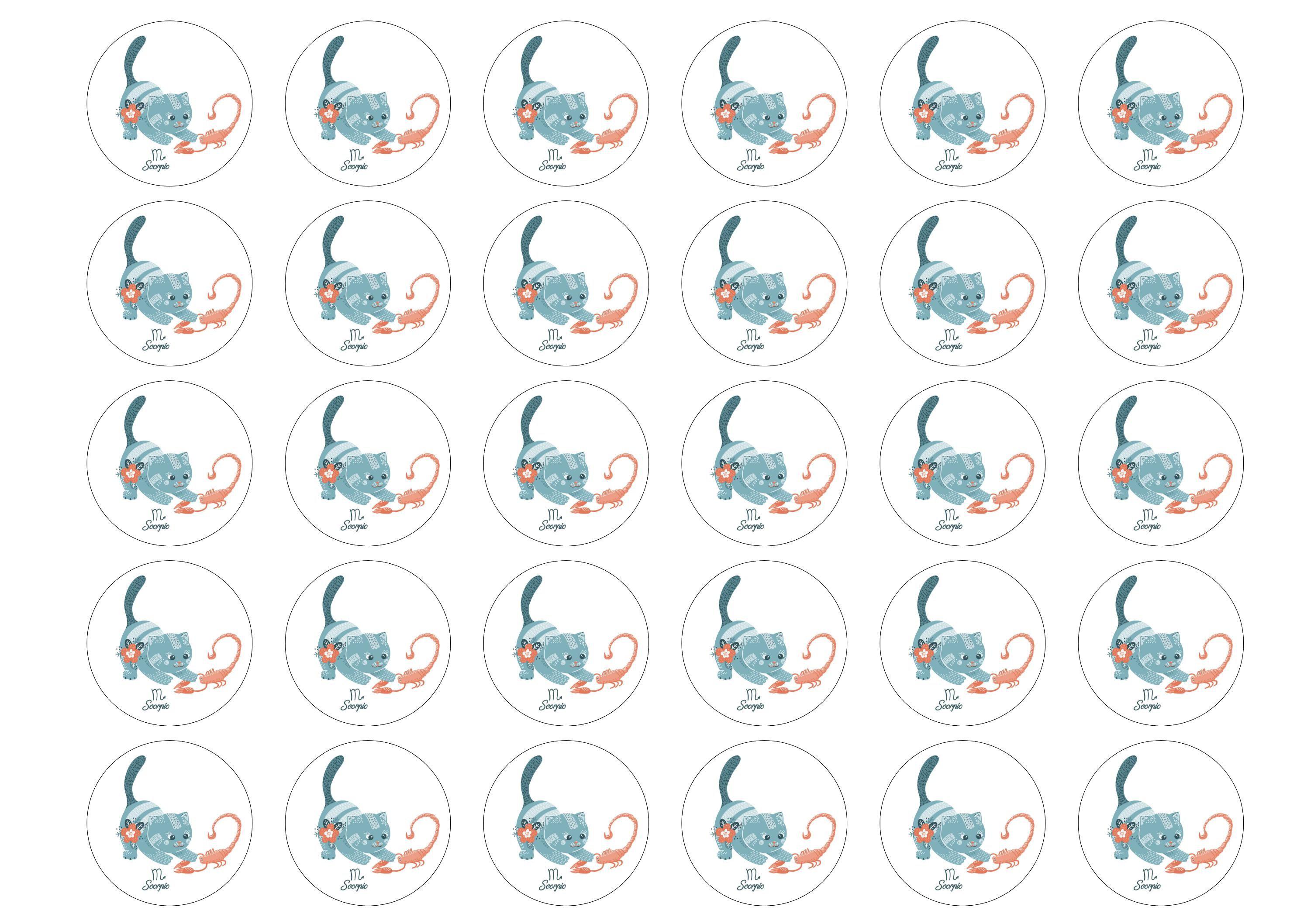 30 edible cupcake toppers with cute cats symbolising Scorpio the Scorpion Star Sign