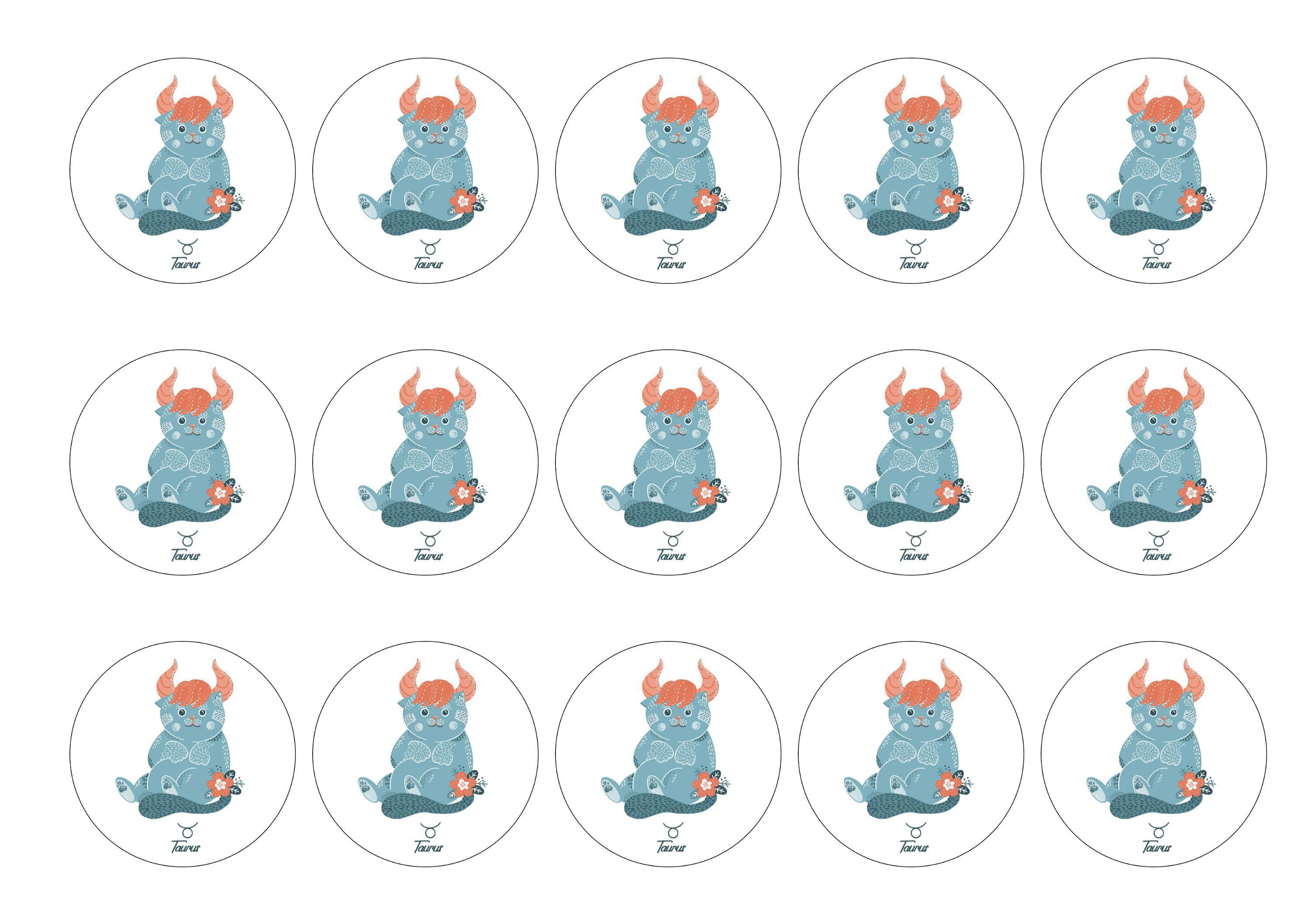 15 printed cupcake toppers with cute cats symbolising Taurus the Bull Star Sign
